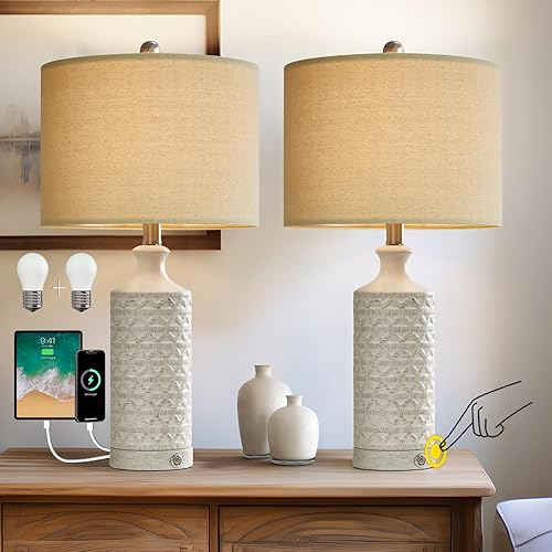 Miniatura 8 de PoKat Juego de 2 lámparas de mesa de cerámica blanca de 18 pulgadas para sala de estar, pequeña junto a la lámpara, dormitorio, mesita de noche,