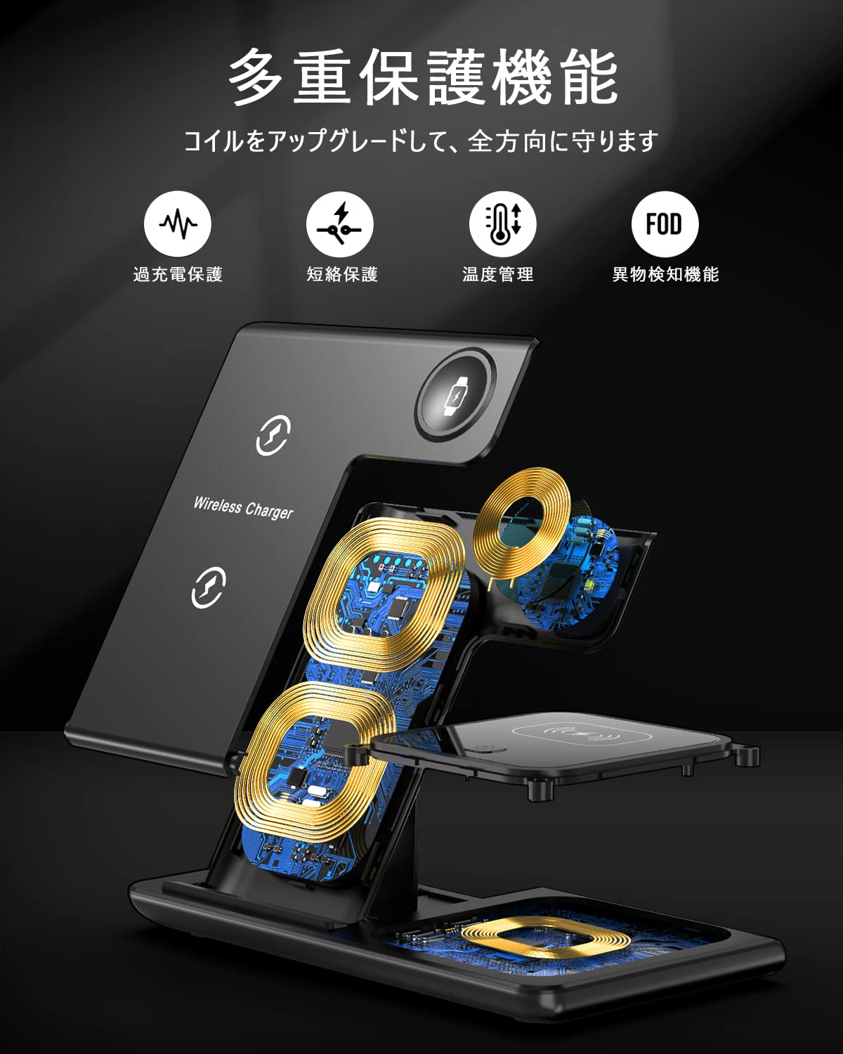 Amazon.co.jp: HOUOA ワイヤレス充電器 3in1 急速充電15W/10W/7.5W  