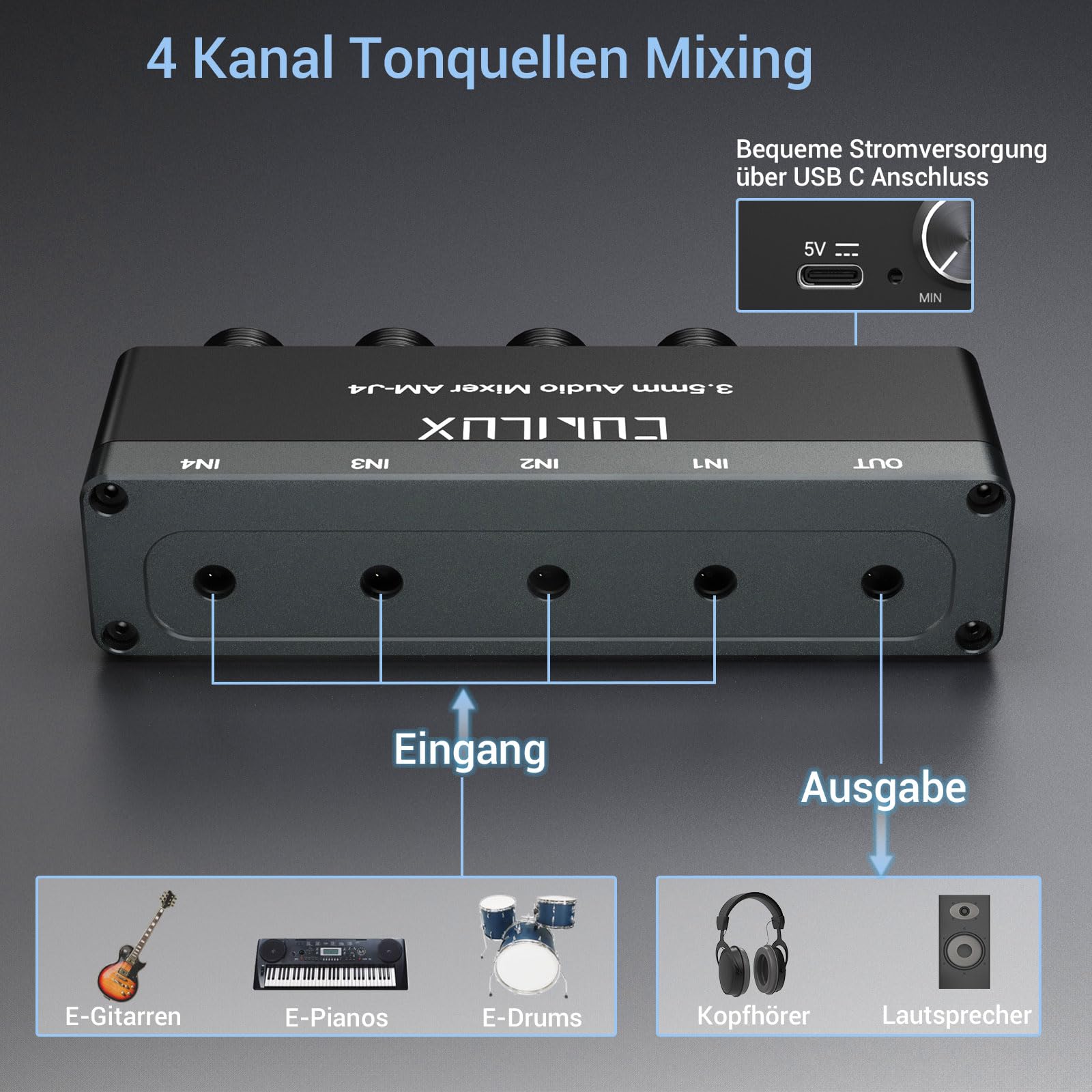 Cubilux 4 Kanal 3,5mm Audio Mixer, Extrem rauscharmer Mini Audio Mixer für Sub-Mixing, 1/8 TS/TRS-Eingang, Stereo-Umschalter, geeignet für Gitarren, Bass, Keyboards