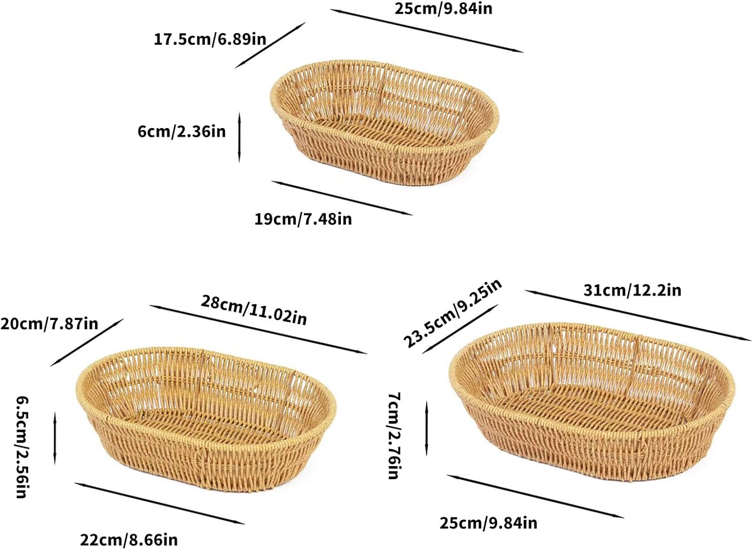 3pcs Imitation Rattan Oval Fruit Serving Basket Portable Bread Storage Plate Decorative Snacks Tray for Home Desktop Use Dining Accessories