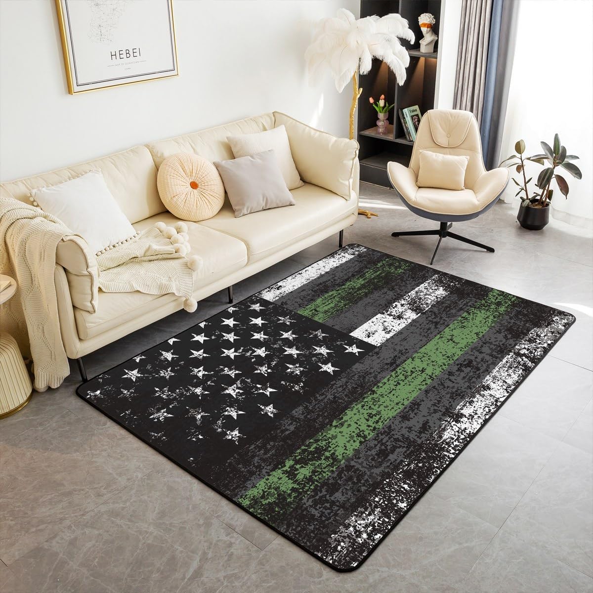 Feelyou American Flag Area Rug 5x7 Kids Black Green White Star Stripe Flag Living Room Rugs for Bedroom Boys Girls Teens Retro US Flag Decorative Carpet Rug Non-Slip Vintage Indoor Floor Mat