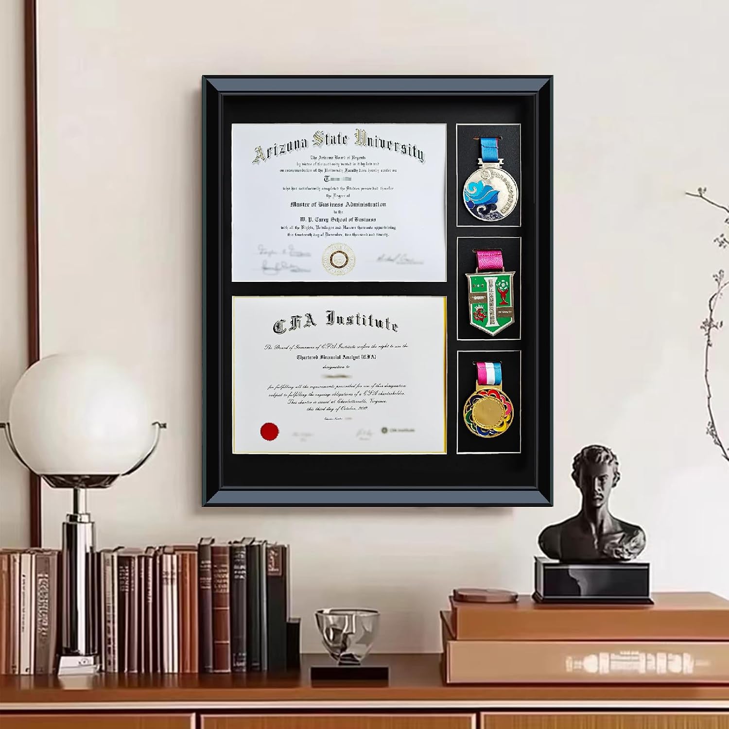16.93X20.87 Solid Wood Double Diploma Display Frame,Graduate Certificate /Diploma Frame 8.5 x 11, 3 Medal Display Case,Real Glass,Tabletop and Wall Display,Can Hold 2pcs certificates and 3 pcs Medals