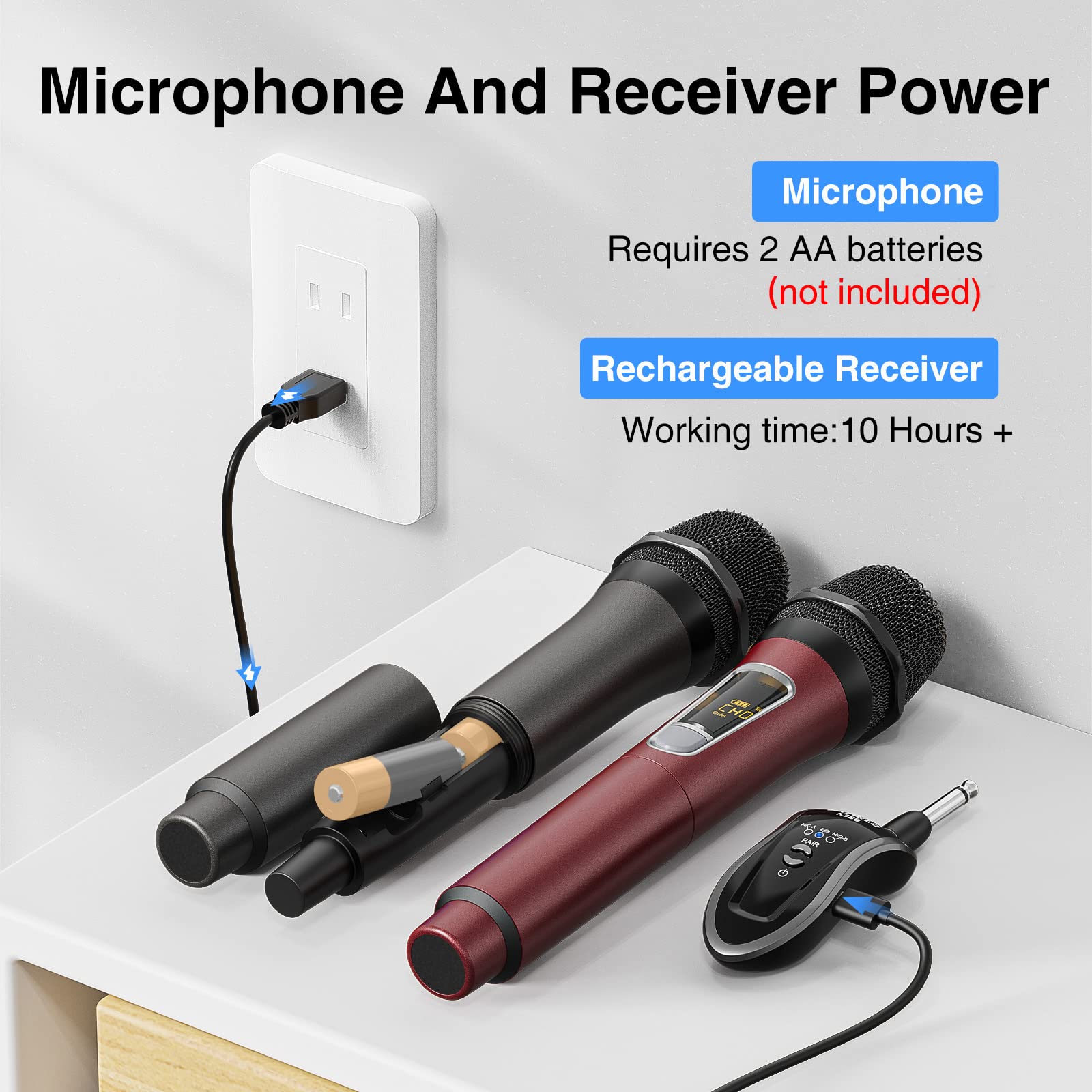 Microphone Sans Fil, Système VHF De Micro Dynamique à Main Double En Métal Avec Récepteur Rechargeable Pour Karaoké, Mariage,DJ, Fête,Discours, Église, Classe