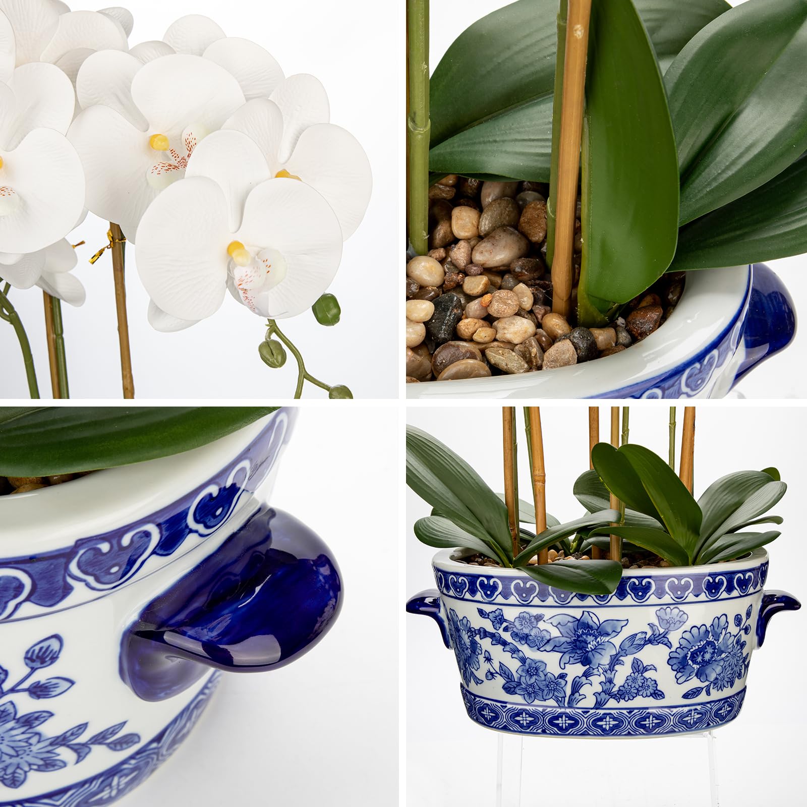 50cm Kunstpflanze Orchideen Groß Künstliche Orchideen im Weiß und Blau Keramik Topf Künstliche Deko Blumen Kunstblumen Wie Echt Mit Real-Touch Blüten Tischdeko Fensterbank Deko Hochzeit Deko