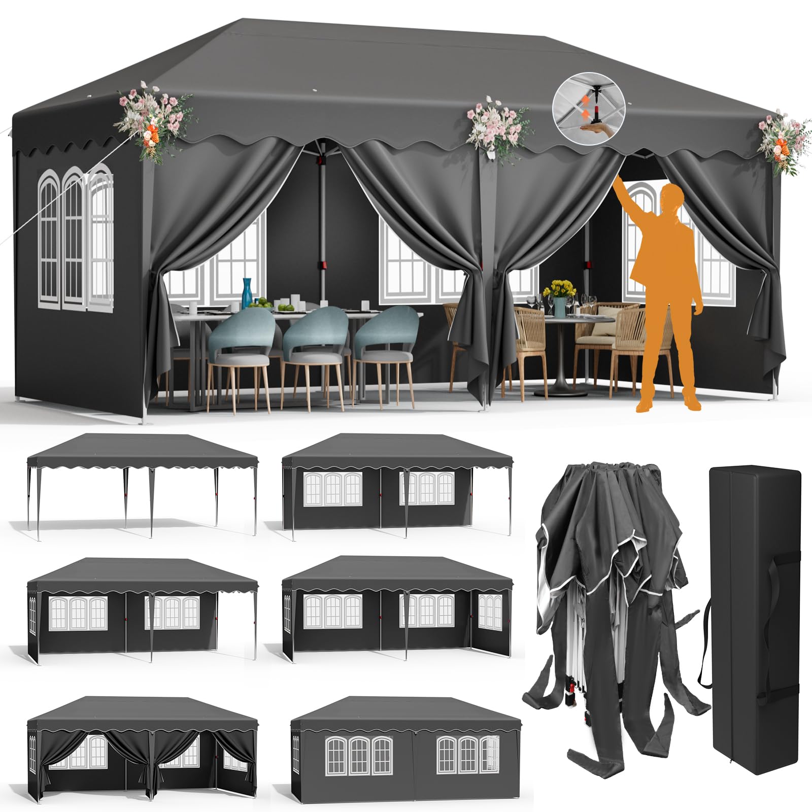 Pop Up Gazebo 3x6m with 6PCS Side Panels, Waterproof 420D Oxford Fabric, UPF50+ UV Protection, Foldable Party Tent for Camping, Market, Garden, Includes 12 Ground Hooks & Carry Bag (grey)