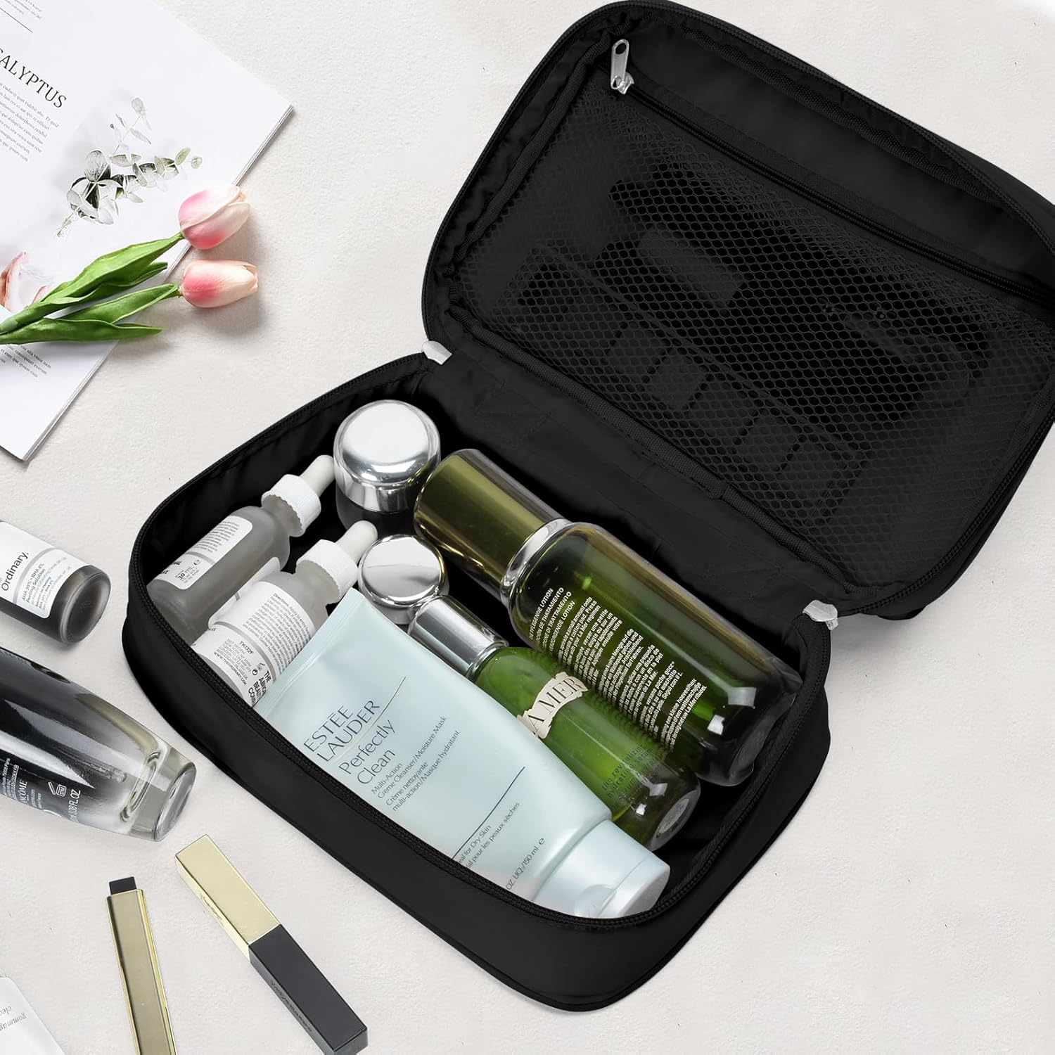 Travel Cosmetic Bag Women Portable Makeup Case Organizer Wide-open Toiletry Pouch for Cosmetics Toiletries (Black) image 6 of 6 B0DT6TYD4L