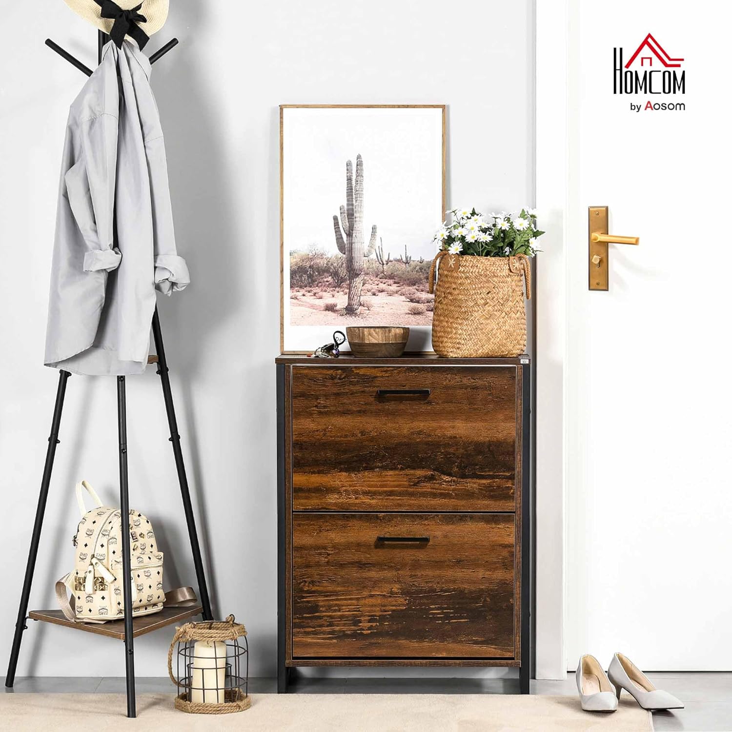 HOMCOM Industrial Shoe Cabinet with 2 Flip Drawers, Freestanding Shoe Storage Cabinet for 12 Pairs, Narrow Slim Shoe Rack for Entryway, Hallway, Rustic Brown