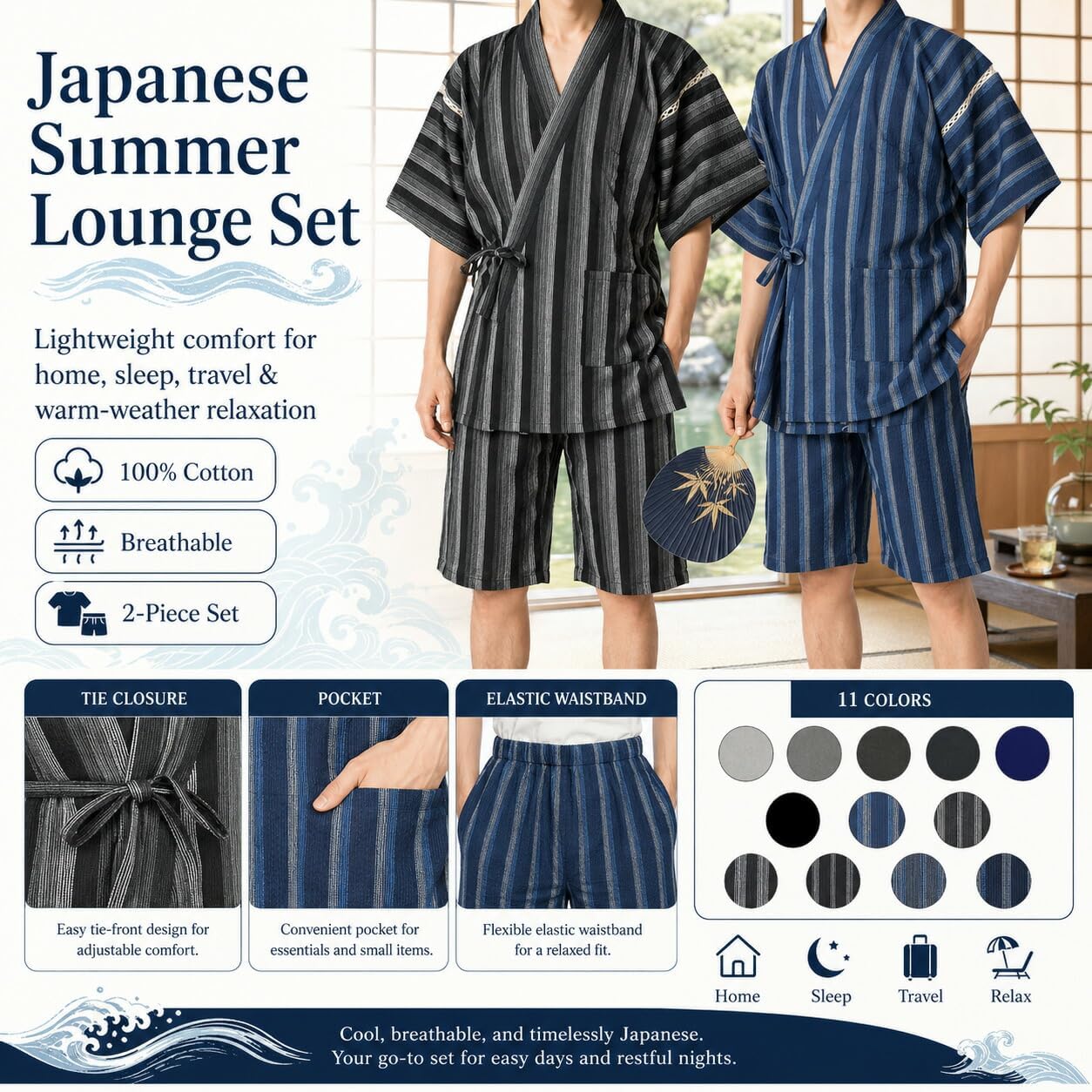 Y's factory Men’s Japanese Jinbei Samue Set – 100% Cotton Seersucker Weave, Short Sleeve & Shorts, Sizes M–4XL