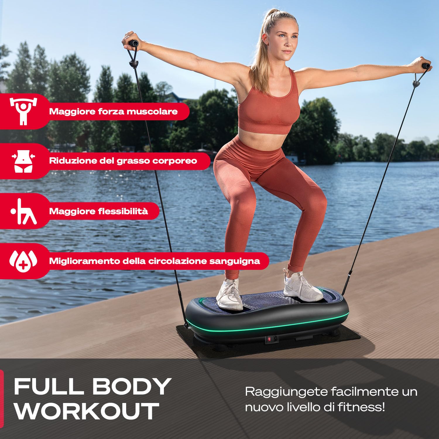 Sportstech Piastra vibrante 4D Premium | Smart LED I 3 motori silenziosi I Next-Level Training con sedile, maniglie per flessioni ecc. Display Color Touch + Bluetooth I Fitness & Yoga per la casa |