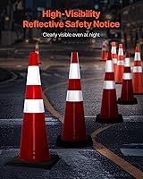 Vista 2 de VEVOR Conos de seguridad, paquete de 6 conos de tráfico de 36 pulgadas, conos de construcción naranja de PVC con collares reflectantes y base negra