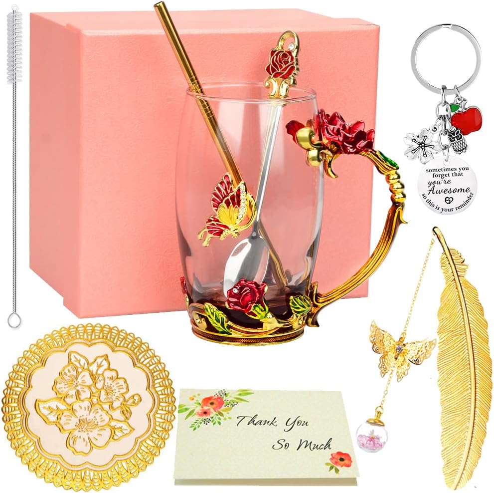 Gift for Women, Handmade Enamel Rose Flower Glass Coffee Mugs Tea Cup with Spoon and Straw Bonus Lucky Key Chain, Birthday Gifts for Her Mum Friends Lovers