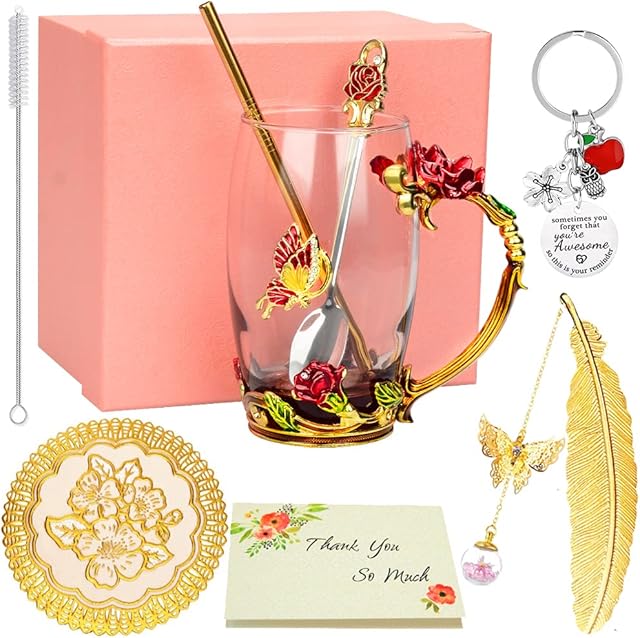 Gift for Women, Handmade Enamel Rose Flower Glass Coffee Mugs Tea Cup with Spoon and Straw Bonus Lucky Key Chain, Birthday Gifts for Her Mum Friends Lovers