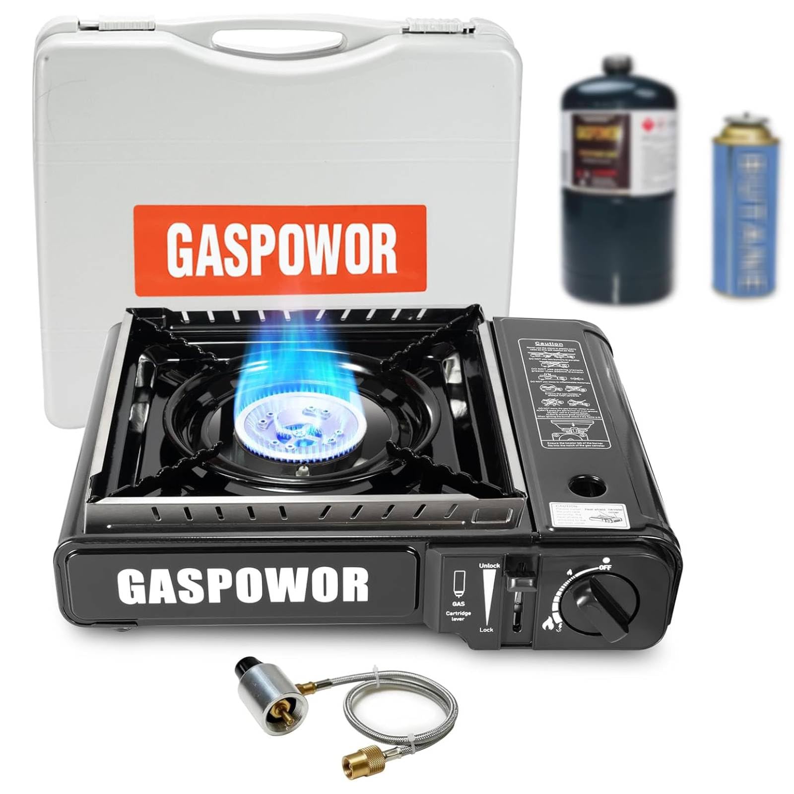 Dual Fuel Camp Stove with Windblocker, Propane or Butane Stove10000 BTU With Propane Adapter Hose and Carrying Case Propane Stove for Camping,Gas Portable Stove for Huting, Hiking（Fuel not included）
