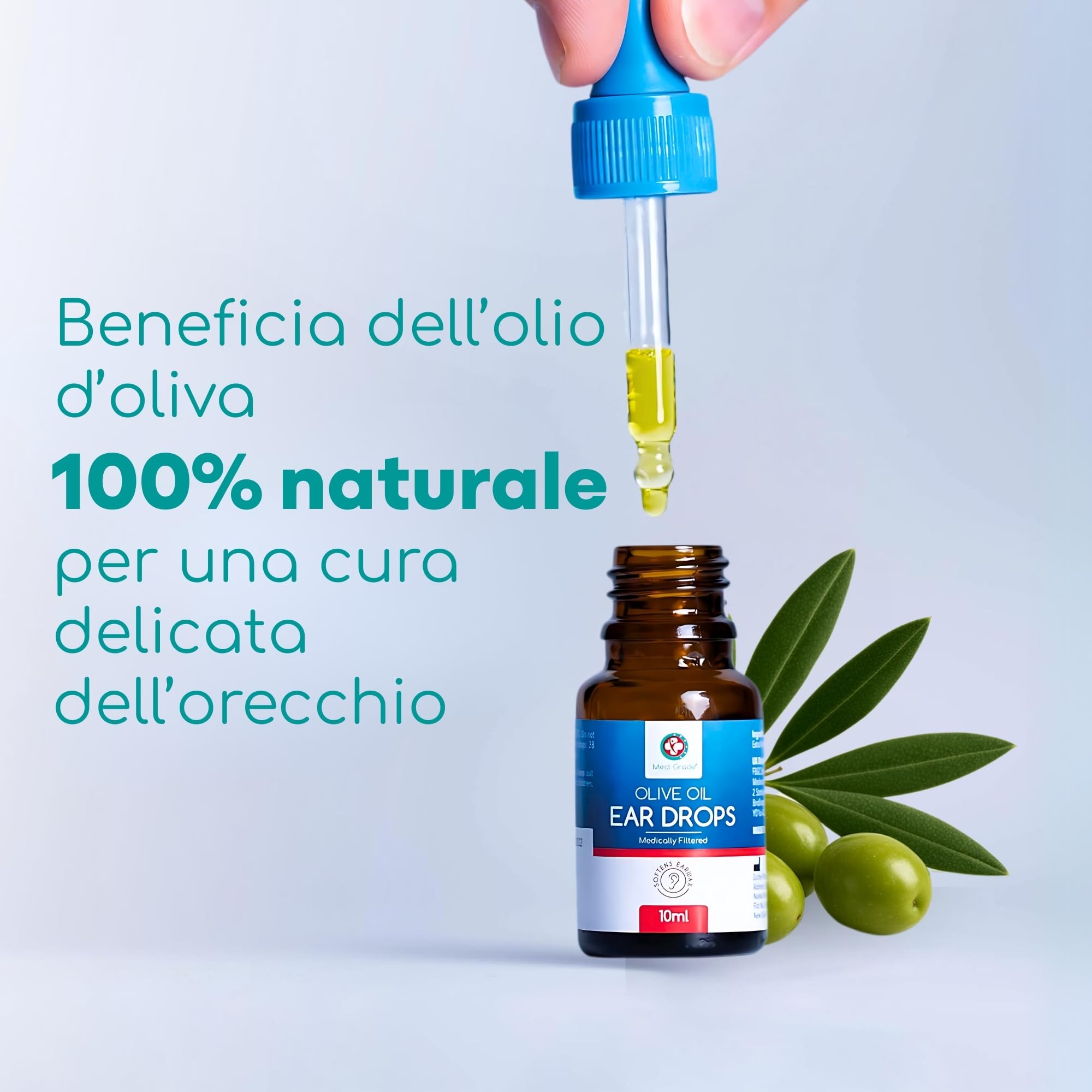 Medi Grade Gocce Auricolari all’Olio Oliva 100% Puro per Pulizia Orecchie – Olio per Rimozione Tappi di Cerume in Boccetta da 10 ml – Ammorbidisce e Rimuove i Tappi Orecchie – Sollievo Rapido