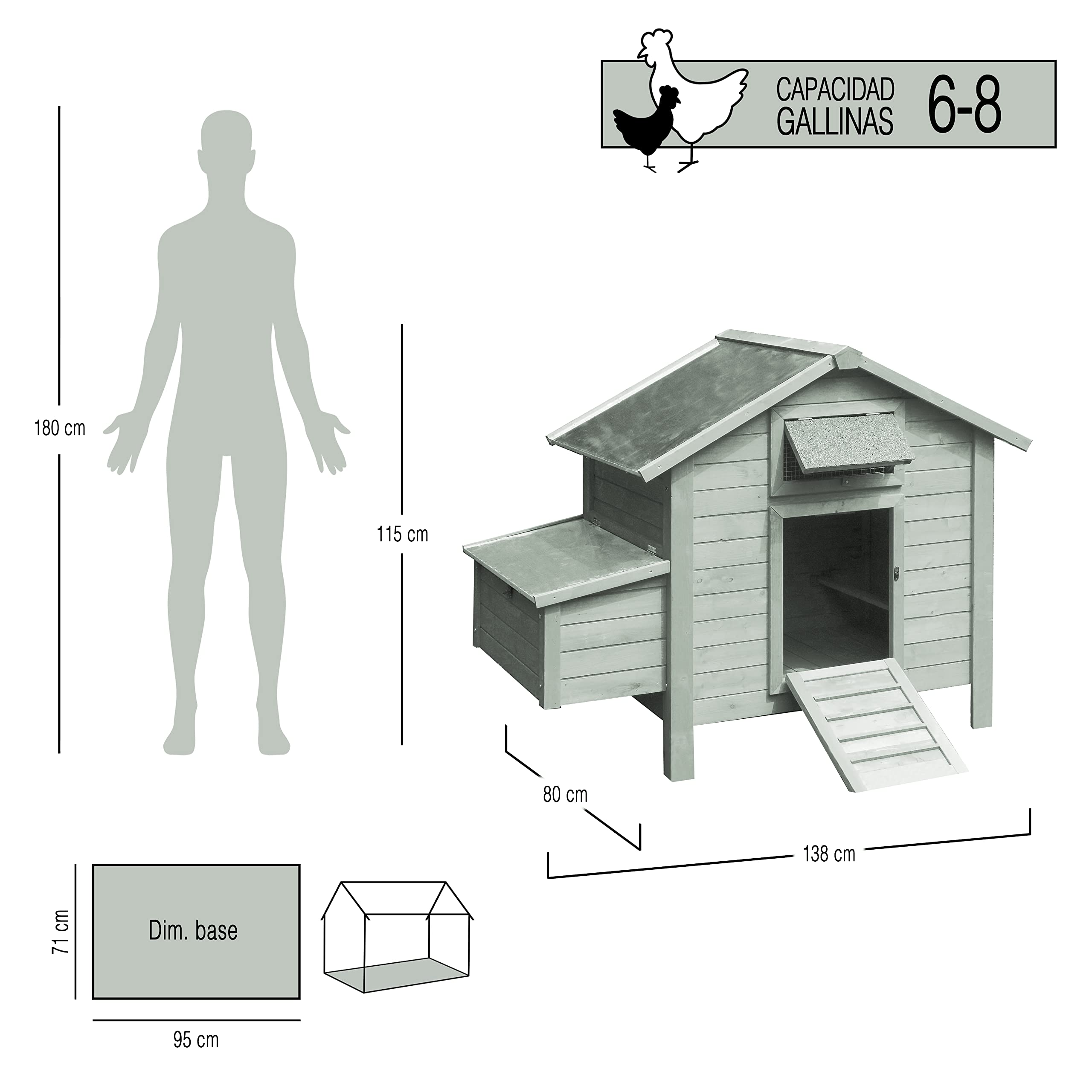 Gallinero para Exterior Island con ponedero - Gallinero de Madera tratada para Exteriores - Capacidad 6-8 gallinas - Amplia Puerta de Acceso - 115 x 130 x 80 cm