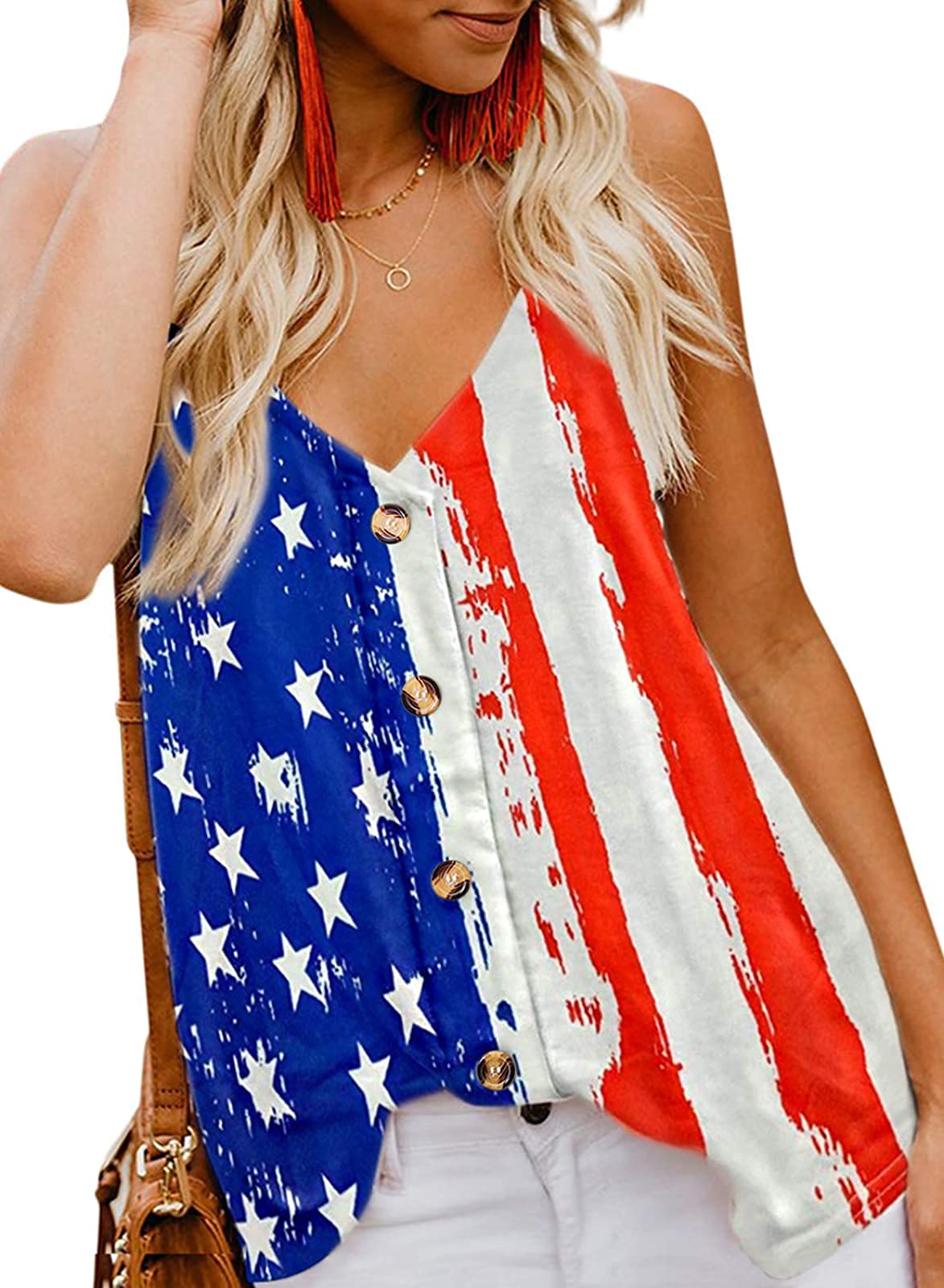 FLOYU Women's Button Down V Neck Tank Independence Day Tank Tops Strappy Loose Casual Sleeveless Shirts Blouses