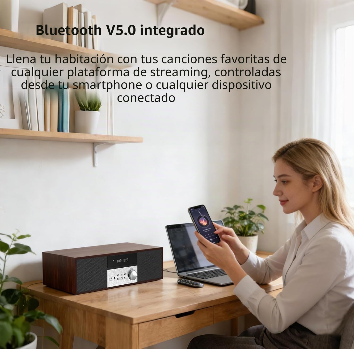 Microcadena Estéreo HiFi Compacto 40W con Reproductor de CD, Bluetooth, Radio FM, USB, Entrada Auxiliar, Pantalla LED Grande y botón, Mando a Distancia