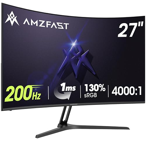 Amzfast 27 Zoll Curved Gaming Monitor 200Hz, 1920x1080 FHD, HDR, 1ms, Adaptive Sync, HDMI 2.0 & DP 1.4