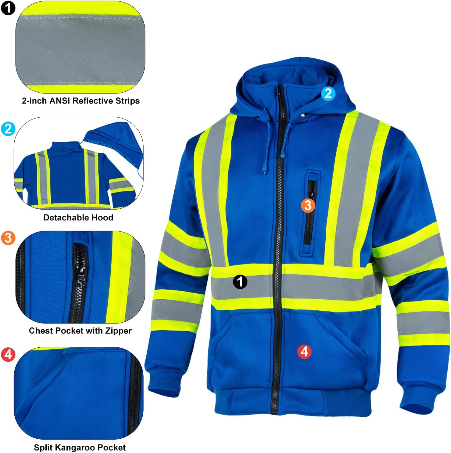 High Visibility Safety Fleece Hoodie for Men ANSI Class 3 Reflective Sweatshirt Construction Jacket - Image 5