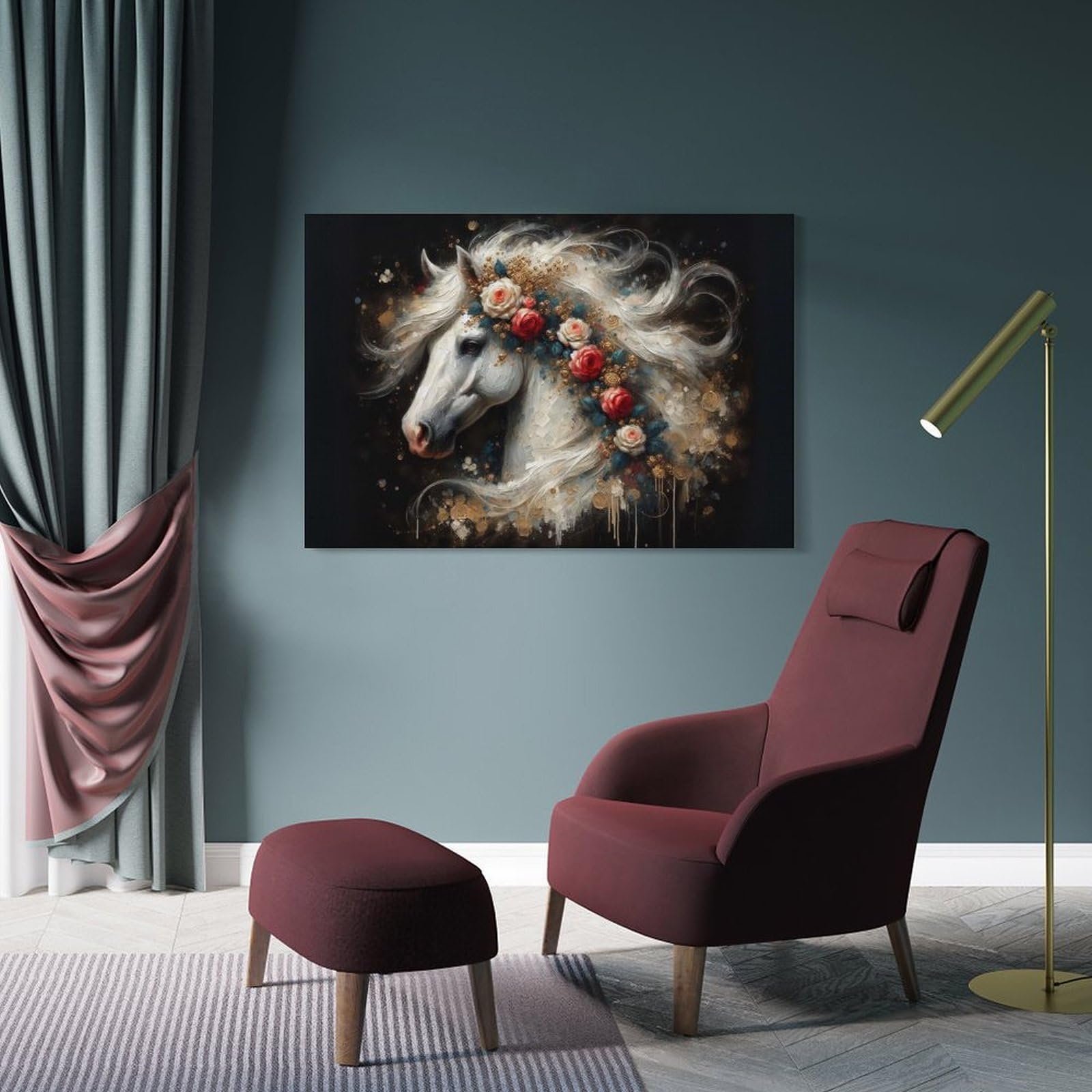 Junmoney Frame-Style-19 Magical Floral White Horse Decorative Wall Artwork 08X12inch(20X30cm), For Corridors, Hallways Or Apartment Entries, Home Artwork For First Impressions