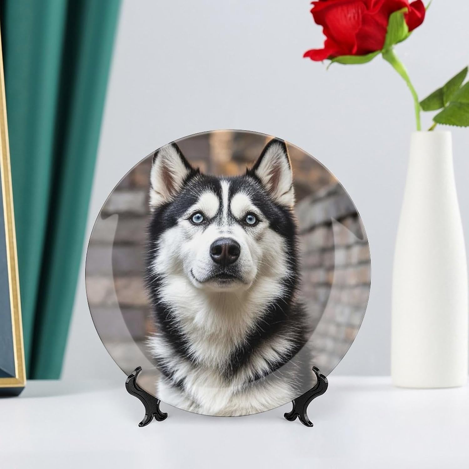 Husky Dog Bone China Decorative Plate with Display Stand, Ceramic Ornaments Plate for Wall Hanging, Personalized Porcelain Plates for Office, Living Room 8inch