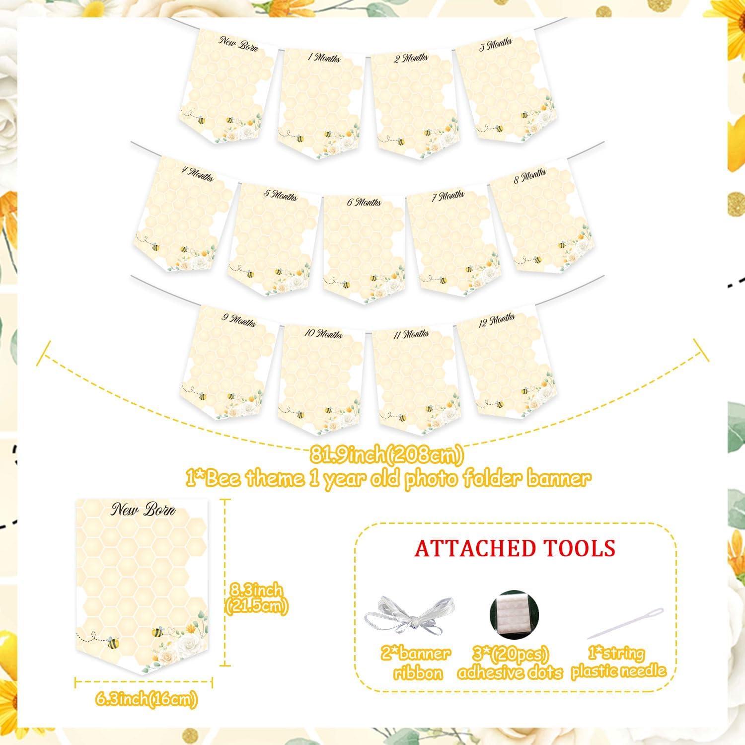Honey Bee 1st Birthday Photo Banner for Baby Newborn to 12 Months, Monthly Milestone Photograph Bunting Garland, Bee Themed First Birthday Celebration Decorations for Baby Shower Boys and Girls