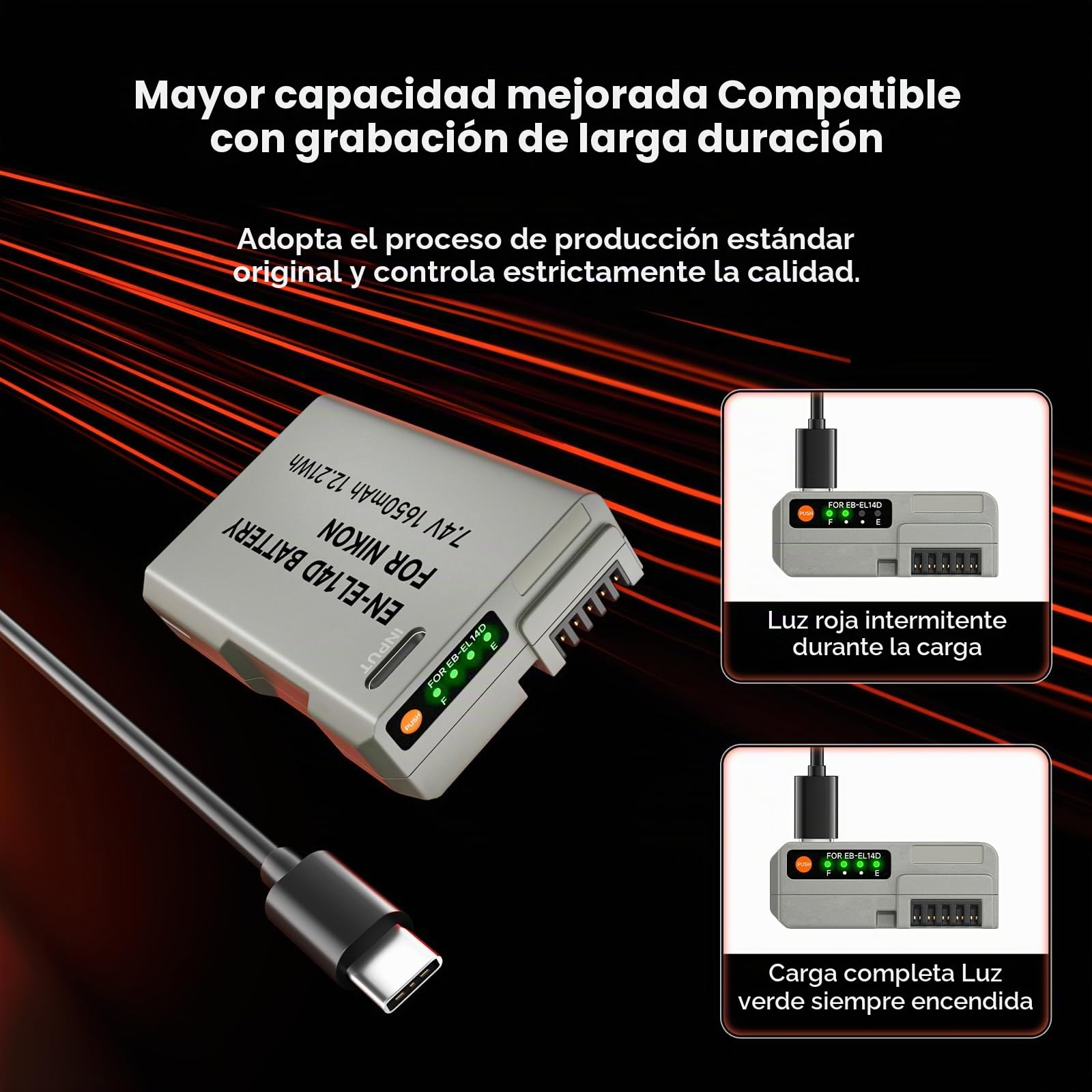 ENEL14 Batería de Repuesto 1650mAh con Cable de Carga USB C para Nikon D5600, D5100, D5200, D5300, D5500, D3200, D3400, D3500, Coolpix P7100, P7200 (1Pcs)