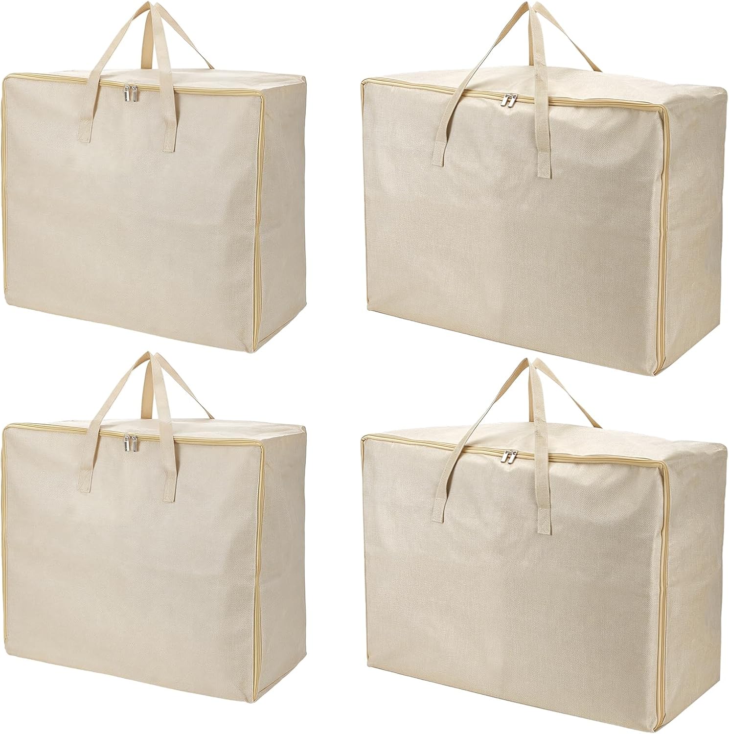 4PCS Large Storage Bags with 2 Sizes Cotton and Linen Closet Organizers Storage with Reinforced Handle Comforter Organizer for Blankets Comforters Bedding Clothes Pillows