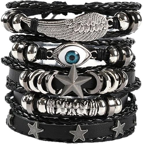 Miniatura 5 de Punk Rock Hip Hop - Juego de pulseras de cuero trenzado multicapa con calavera ajustable para hombres y mujeres