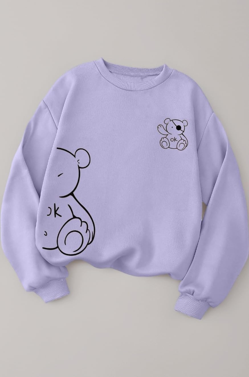 Women's Bear Graphic Round Neck Sweatshirt|Trendy Oversized Pullover Sweatshirts|Soft Fleece Pullover Winterwear