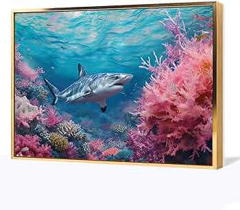 おっちページです 海 ホオジロザメ 珊瑚 レジンアート 原画 絵画 おっ