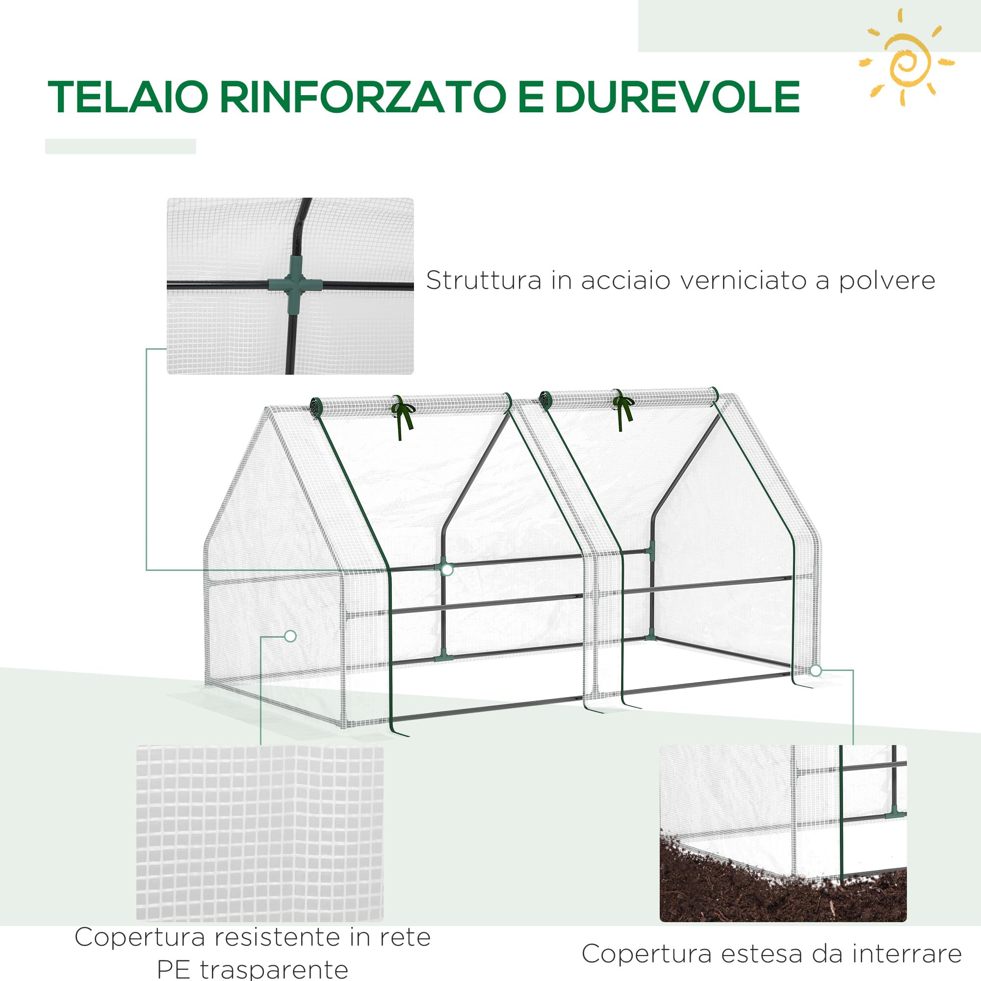 Outsunny Serra da Giardino 180x90x90 cm con 2 Porte Avvolgibili a Cerniera, Serra per Orto con Struttura in Acciaio e Copertura PE, per Orto Verdure Fiori Frutta, Bianco