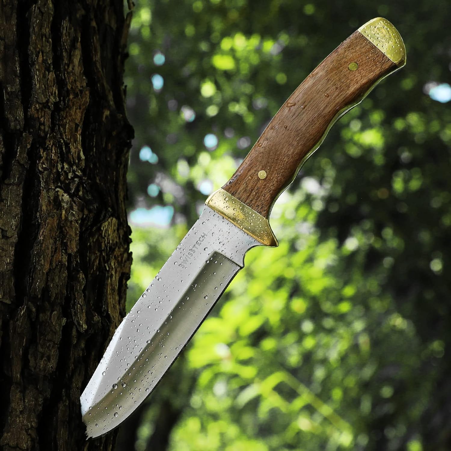 Swiss+Tech Fixed Blade Knife, 11 Inch Full Tang Hunting Knife with Wood Handle for Outdoors, Tactical and Survival, Leather Sheath Included : Tools & Home Improvement