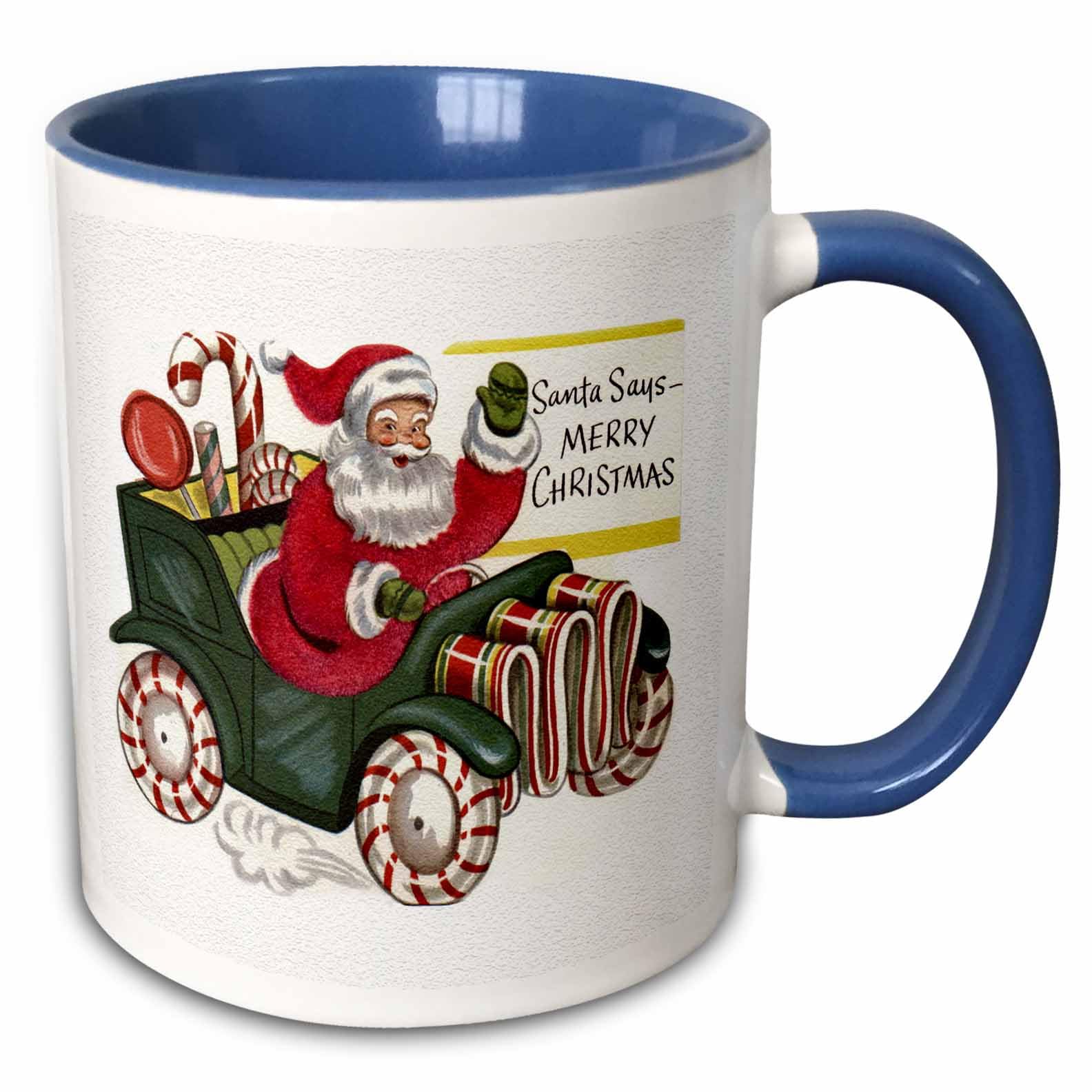 3dRose Santa Says Merry Christmas Driving in His Car with Candy Cane Wheels 11oz Two-Tone Blue Mug