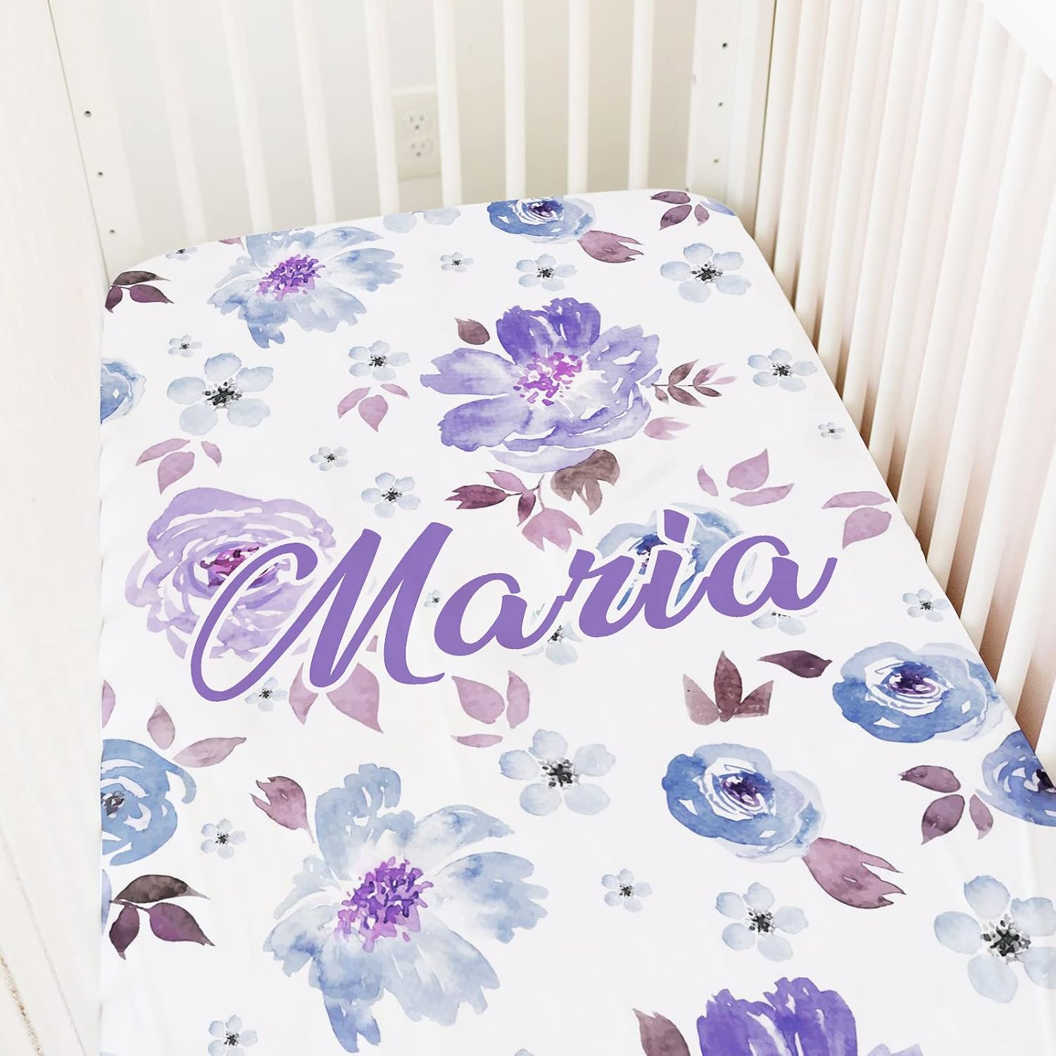 Personalized Watercolor Floral Baby Crib Sheet with Name, Custom Crib Mattress Sheets for Baby Girl, Fitted Crib Bedding Sheets, Pack and Play Sheets, Name Crib Sheets