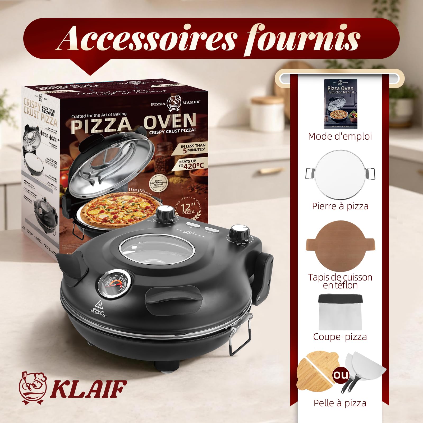 KLAIF Four à pizza électrique de comptoir avec pierre céramique de 31 cm, deux commandes de température réglables, dont 4 ustensiles à pizza, LMC-Noir