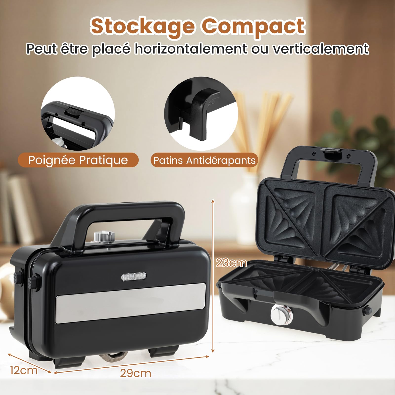 COSTWAY Appareil Croque Monsieur 3 en 1 avec Plaques Antiadhésives Amovibles Facile à Nettoyer et Résistant aux Brûlures, Gaufrier 1200W, Sans BPA, Machine à Sandwich, Éclairage LED