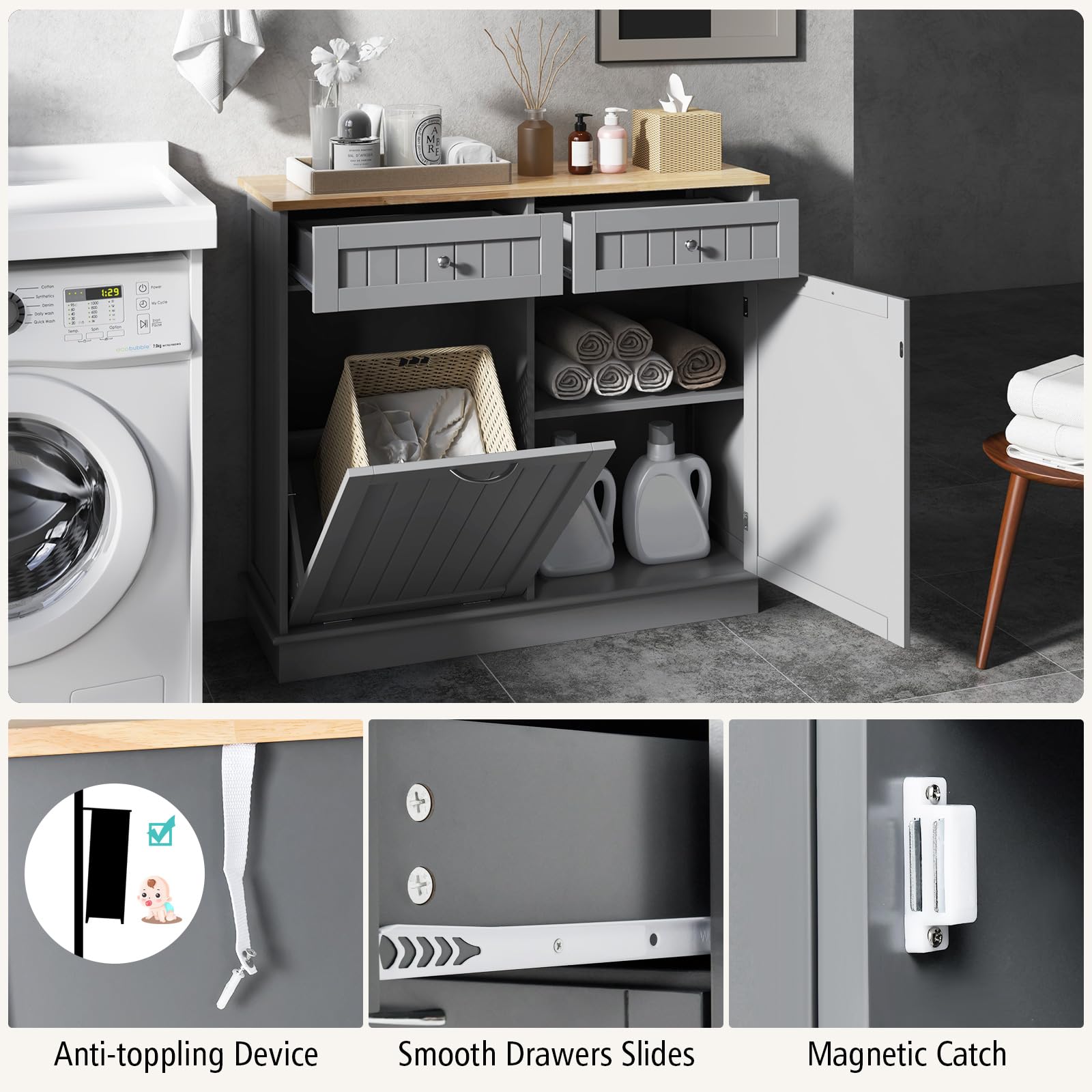 GIANTEX Aparador de Cocina con 2 Cajones y Armario con Puertas, con Espacio para Cubo de Basura, 100 x 35 x 90,5 cm, Mueble de Almacenamiento para Cocina, Comedor, Inodoro (Gris)