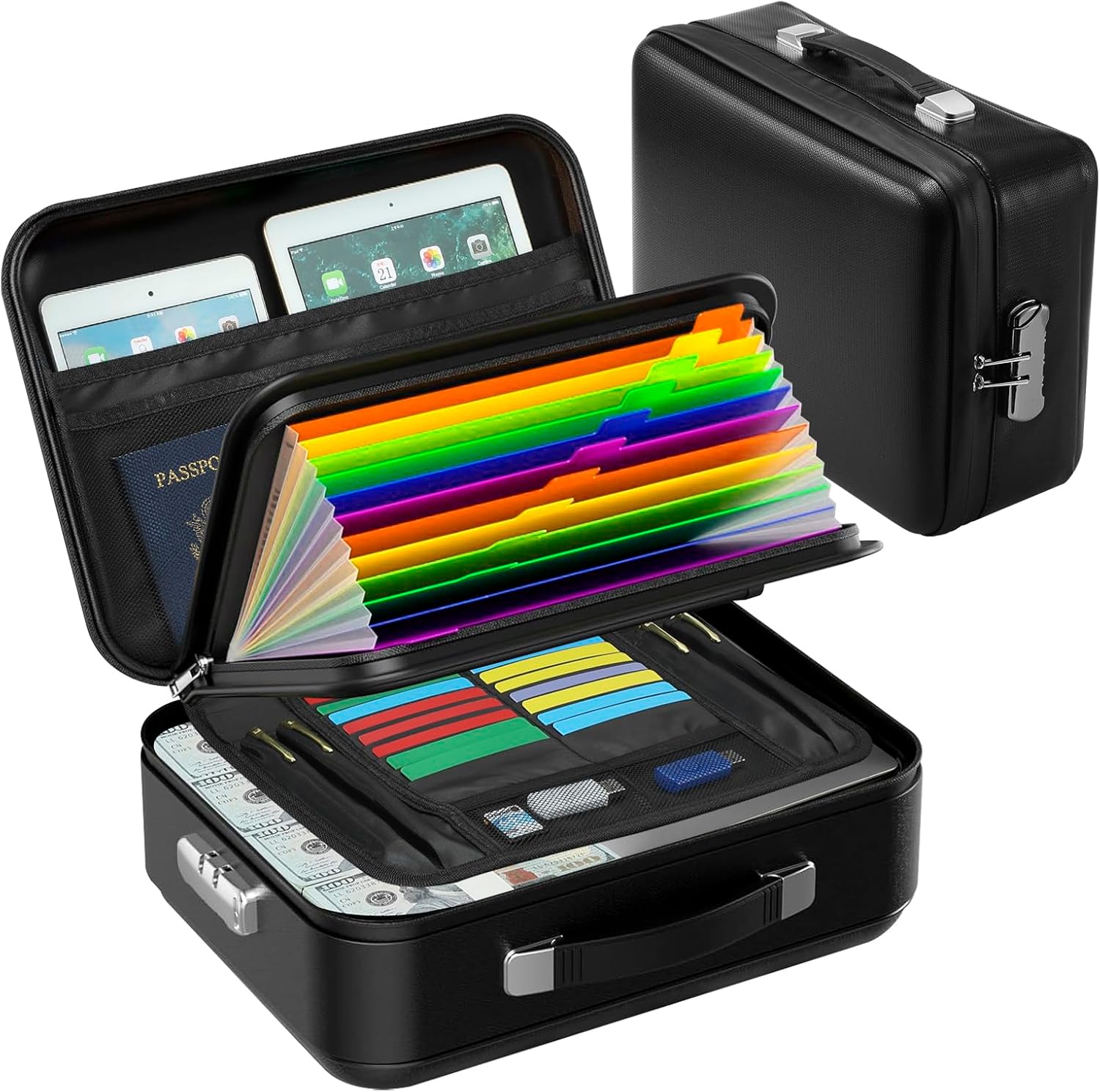 SEEKIND Fireproof Document Box with Lock, Hard-Shell Case File Organizer with Accordion File Folder, Multi-Layer Portable Home Office Travel Safe Box for Important Documents& Valuables (Black)