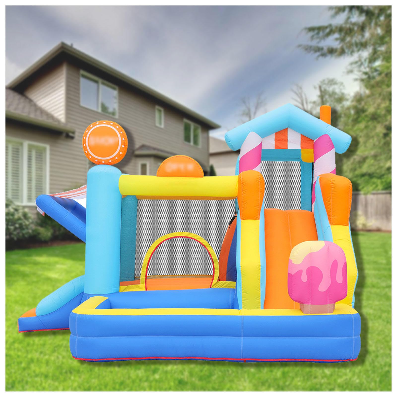 HBDSMLPL Piscina Hinchable con Tobogan con Soplador y Bolsa de Transporte, 4 en 1, Castillo Hinchable para Niños Agua para Jardín Exterior Interior 340 X 320 X 240 cm