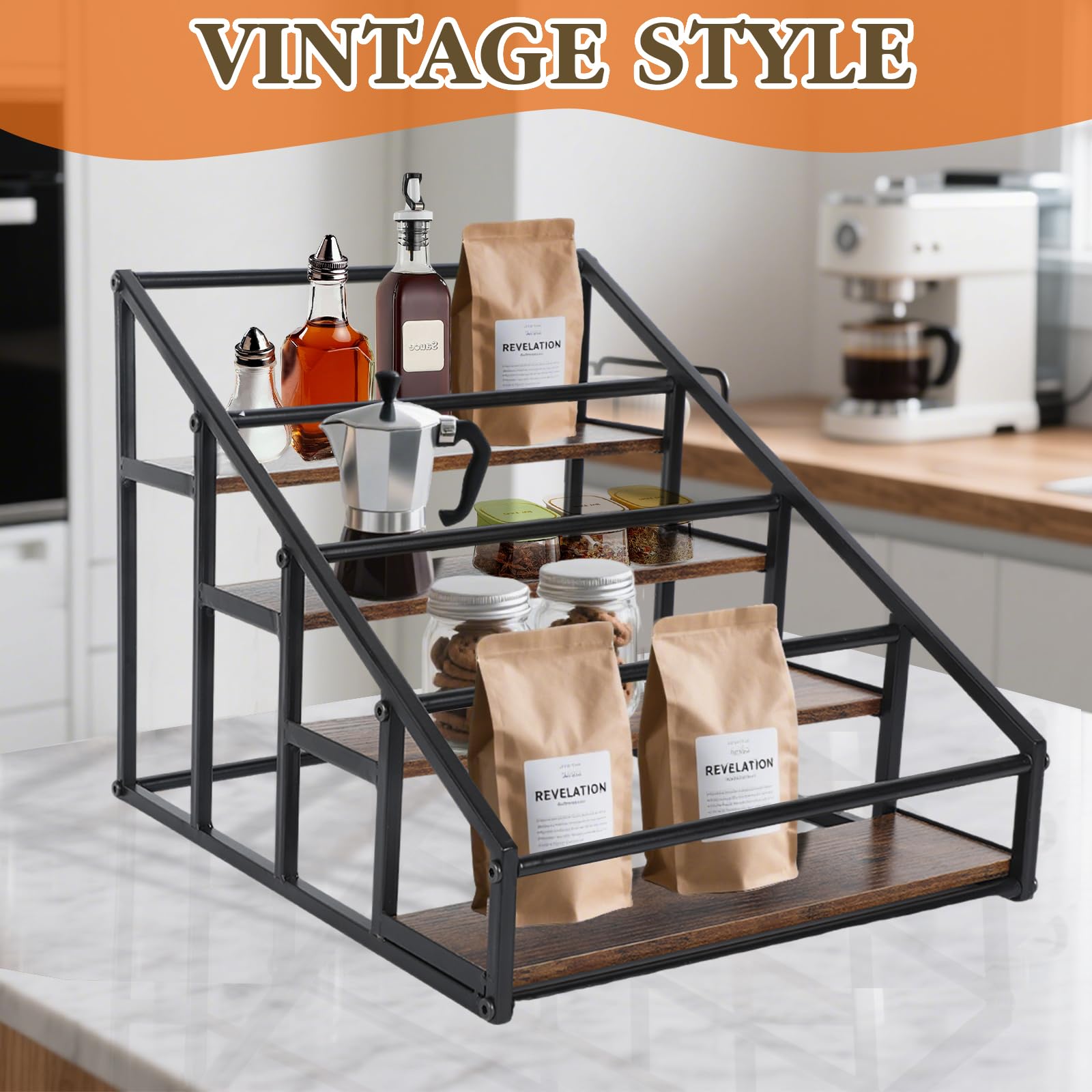 Botellero con bandeja, 4 niveles de madera y metal para 16 botellas de licores y jarabes, estantería retro de bar y estante de cocina, organizador de jarabe multifuncional para café y especias