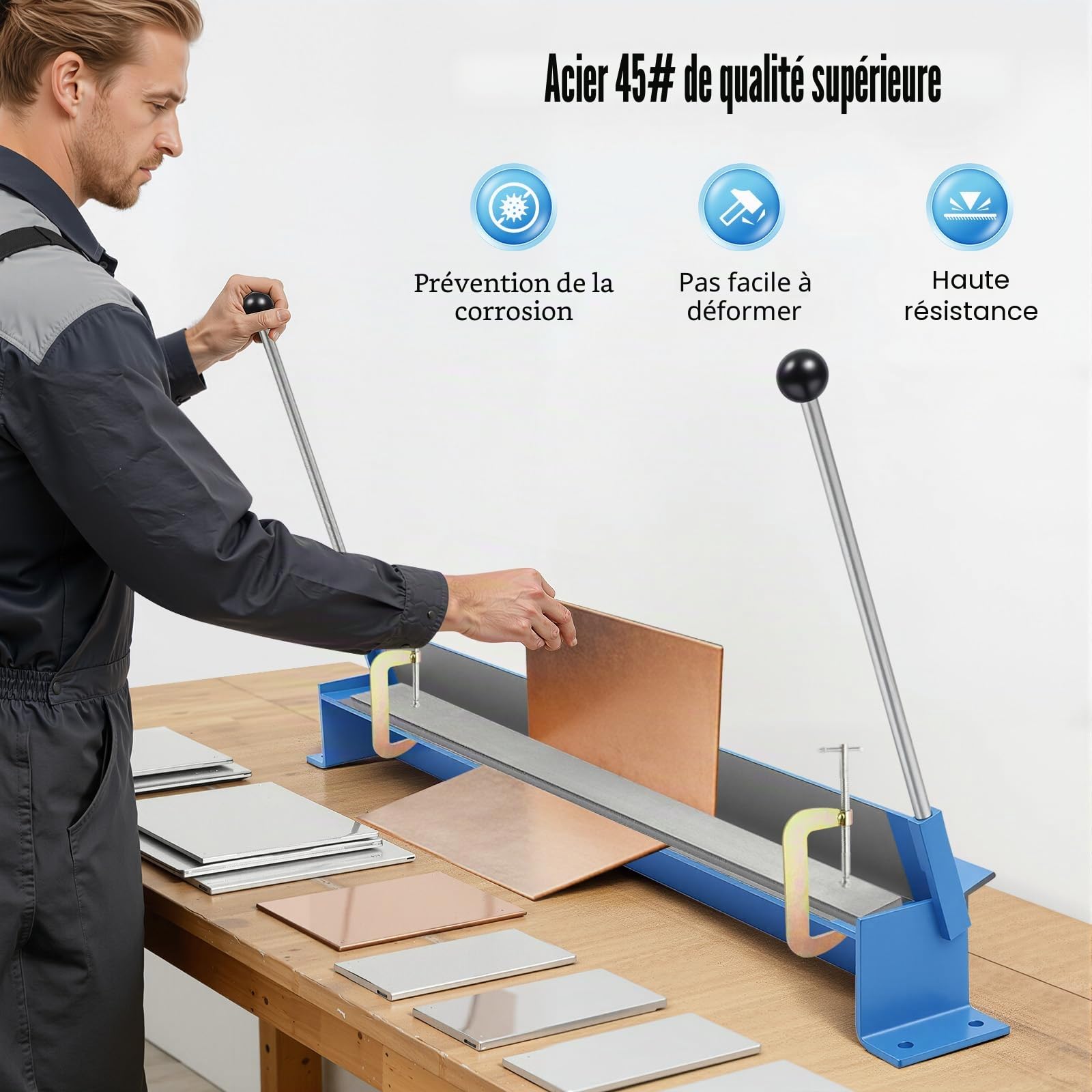 Cintreuse en tôle 916 mm - Angle de flexion : 0-135° pour acier au carbone de 1,2 mm - Plaque en cuivre de 1,5 mm - Plaque en aluminium