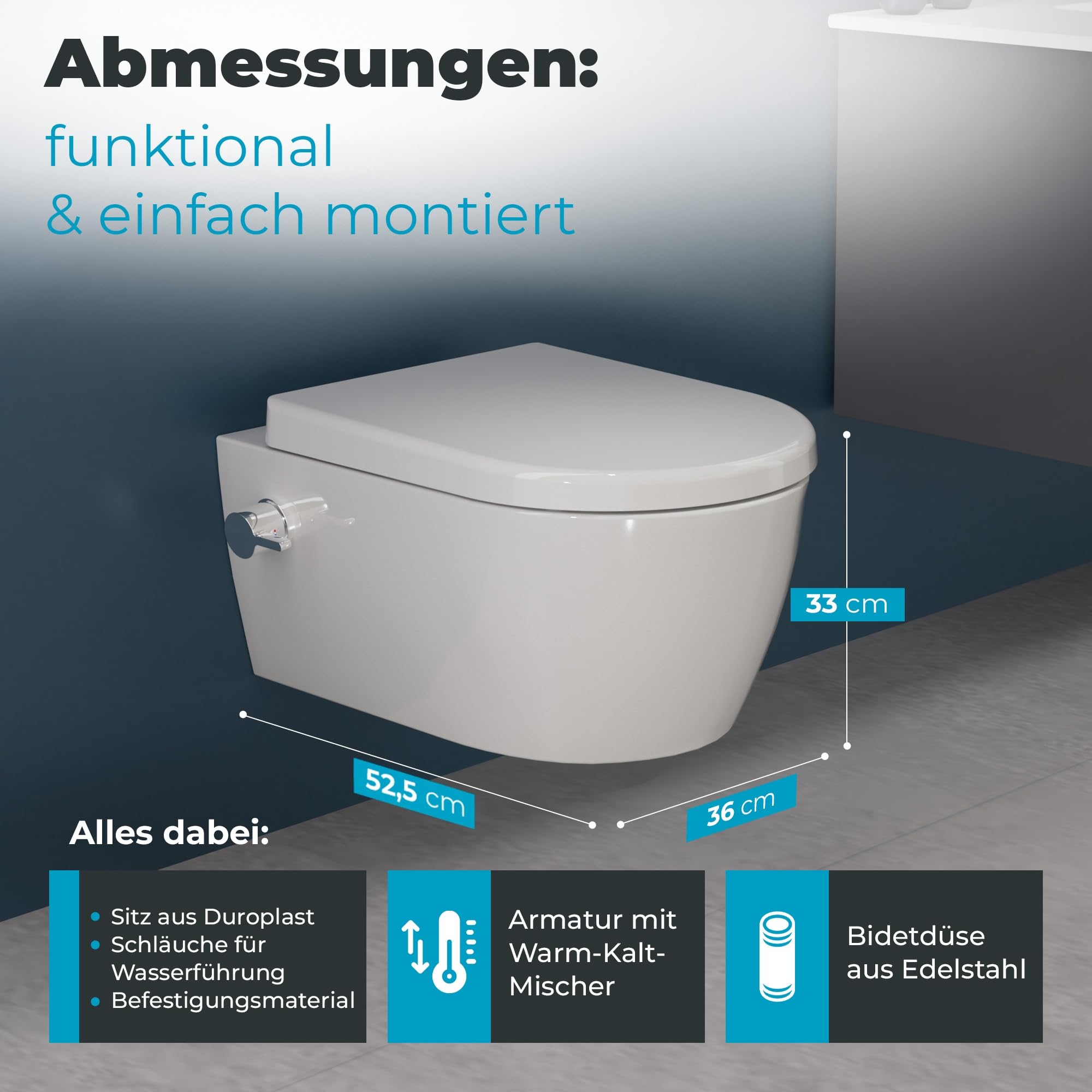 WC Taharet senza brida con rubinetteria, sedile Softclose removibile e rivestimento doccino/WC, toilette con doccino intimo con funzione bidet, Shattaf