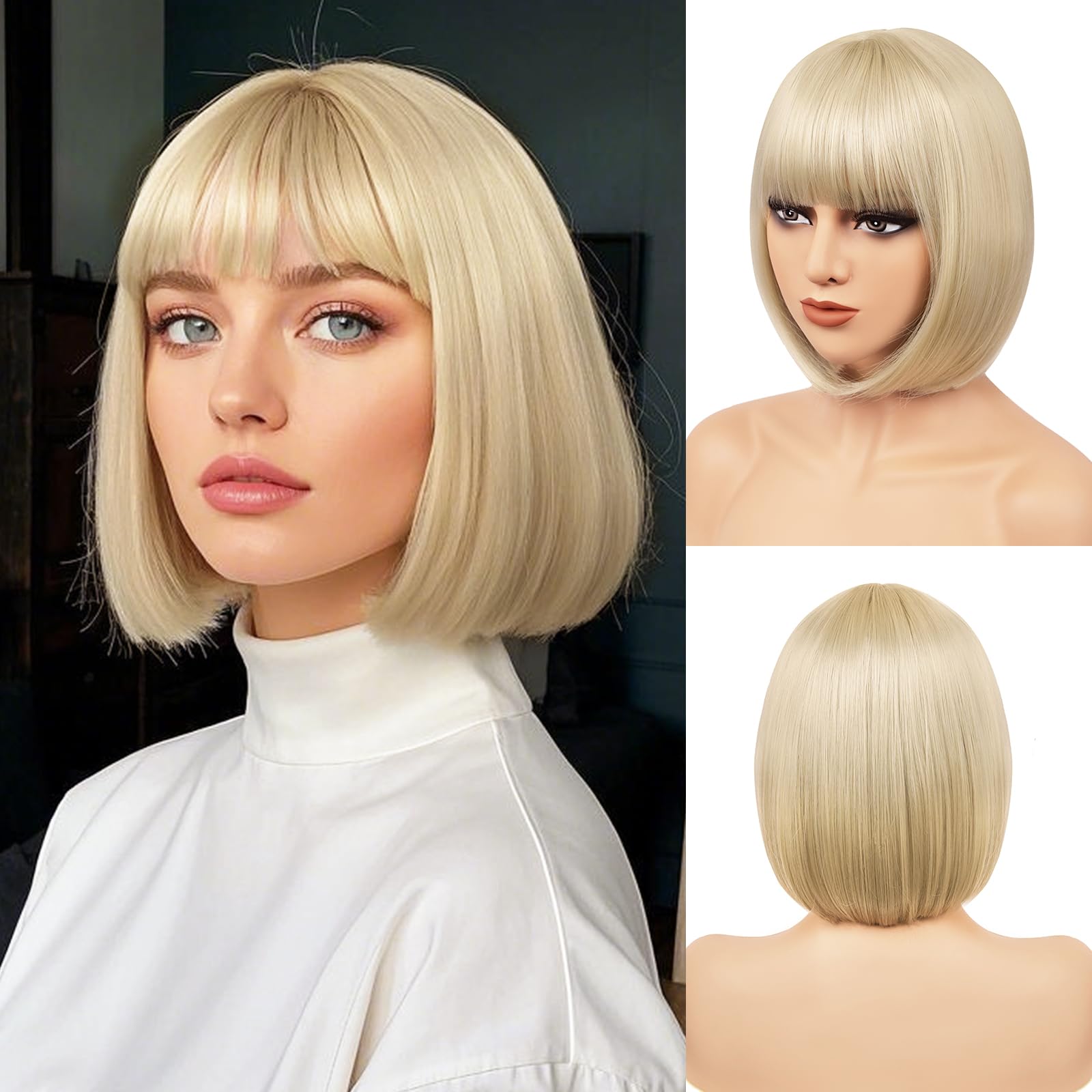Women Blonde Heat Resistant Synthetic Bob Party Neon Wig Bangs 12 Inch Amazon.com : eNilecor Short Light Blonde Bob Wigs 12  main image 3