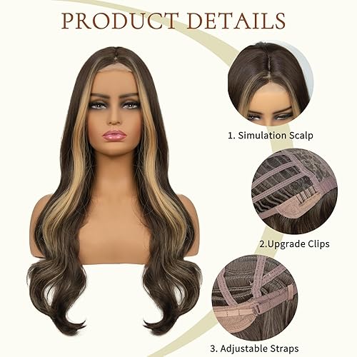 Miniatura 6 de Peluca marrón degradado de 24 pulgadas para mujer, pelucas largas onduladas con encaje, cabello castaño degradado de aspecto natural con reflejos,
