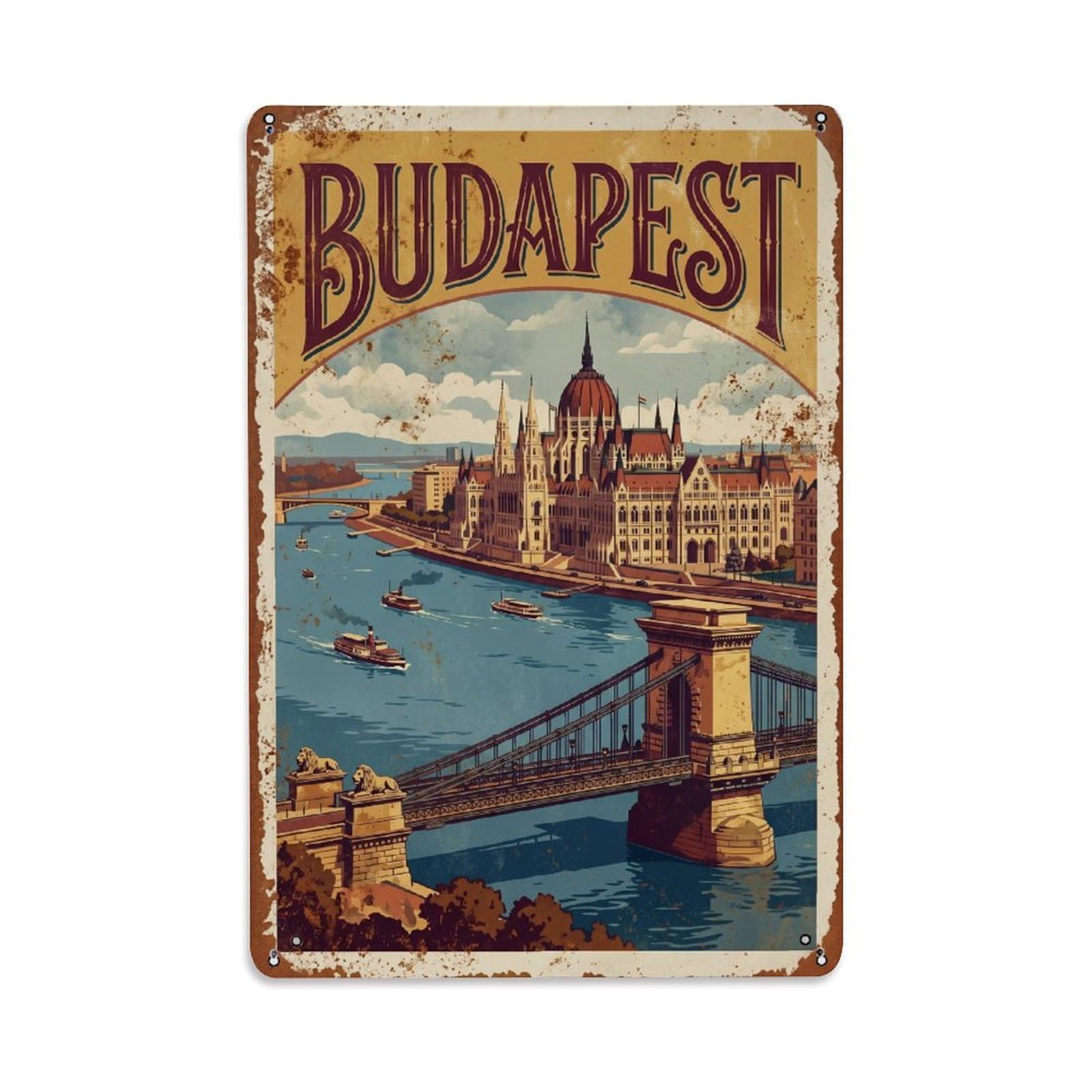 Vintage Travel Budapest Hungary Metal Tin Sign Wall Decor for Cafe, Club, Garden Metal Poster 8x12Inch