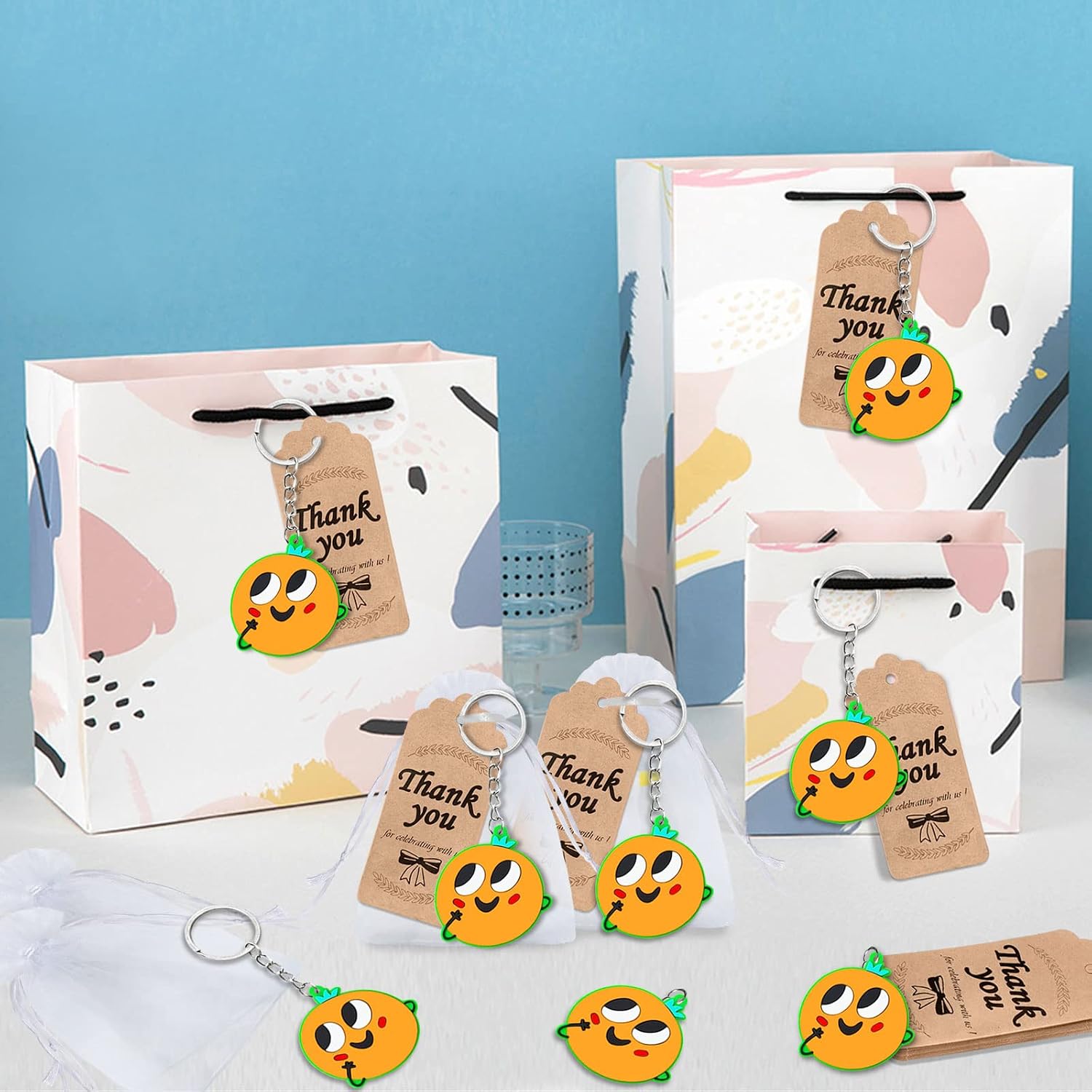 60 Pack Orange Party Keyring Pack Include 20 Keychains,20 Thank You Tags and 20 Goodie Bags for Baby Shower,Summer Fruit Party Gift,Family Party,Birthday image 5
