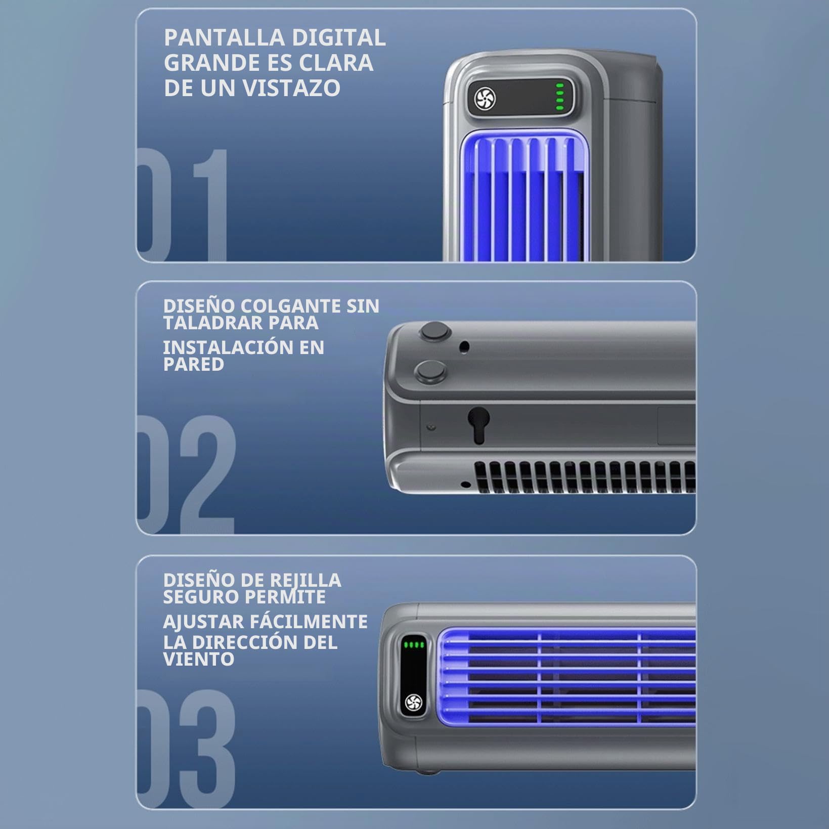 Enfriador de aire portátil, 3 ajustes de velocidad, flujo de aire circulante, funcionamiento silencioso, ahorro de energía, pantalla LCD, recargable por USB, montaje en pared sin perforación, para