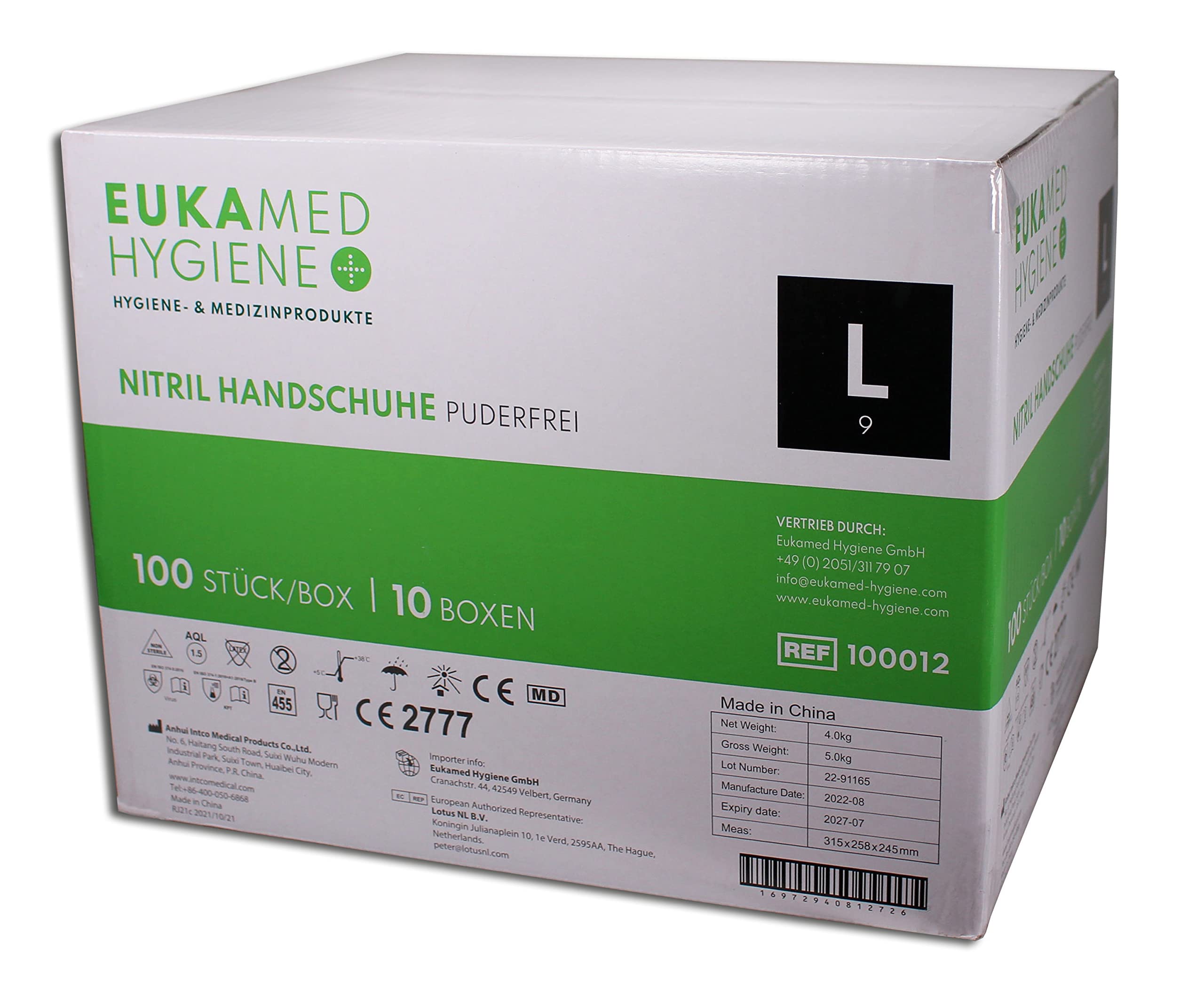 Nitril-Handschuhe L, 1000 Stück, puderfrei, latexfrei, hypoallergen, Lebensmittelhandschuhe, medizinische Einweghandschuhe (Karton mit 10 Pack á 100 Stück)(Größe L)