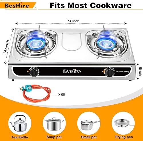 Miniatura 2 de BESTFIRE Estufa de gas propano de 2 quemadores con estufa de propano de encendido automático, estufa de campamento de 23,000 BTU para cocina al aire